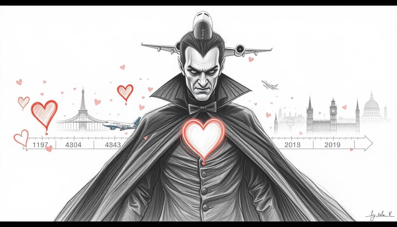 A monochromatic pencil sketch illustrating key cultural and technological milestones on February 14th throughout history. In the foreground, depict a vintage, menacing Dracula figure, dressed in a classic cape, setting a gothic mood. In the middle ground, show a timeline of pivotal inventions like the first aircraft, with an elegant silhouette of an A380 jet emerging from the top. Surround these elements with iconic cultural symbols, like heart motifs to represent Valentine's Day, subtly infused with colored accents—reds and soft pinks. In the background, create a faint cityscape, with architectural landmarks representing progress. The scene should evoke a mysterious yet celebratory atmosphere, emphasizing a blend of innovation and historical significance, illuminated with soft, diffused lighting to enhance depth and texture.