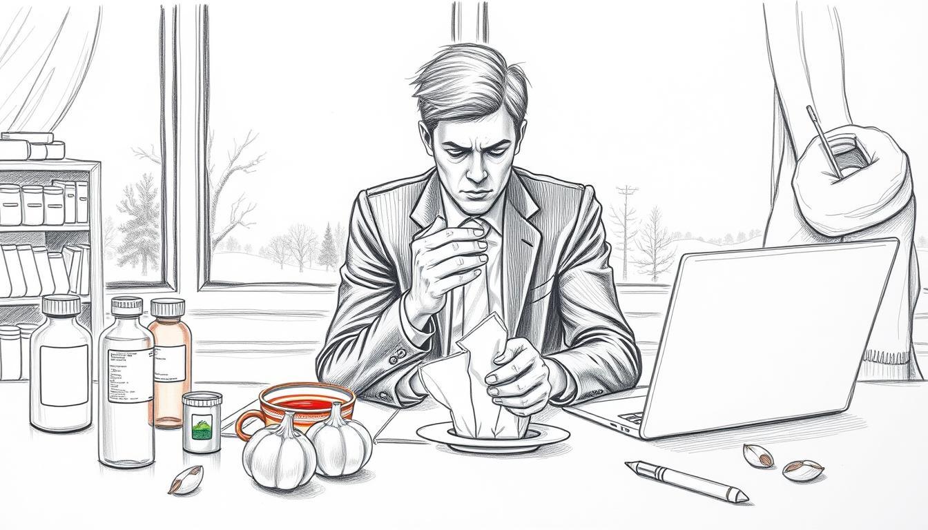 A monochromatic pencil sketch illustrating the concept of avoiding cold-related mistakes. In the foreground, a person dressed in professional attire sits at a desk, looking stressed and holding a box of tissues, surrounded by medicines and a laptop. In the middle ground, there are vivid color accents highlighting items such as a warm cup of tea, garlic cloves, and a cozy scarf, symbolizing remedies. The background features a window with a cold winter landscape outside, emphasizing the contrast between warmth and the harsh environment. Soft, diffused lighting creates a calm and reflective mood, capturing the urgency of cold prevention while maintaining a professional atmosphere.