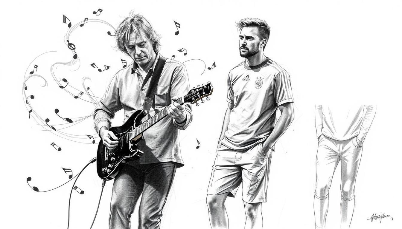 A monochromatic pencil sketch of iconic figures in music and sports: David Gilmour, portrayed playing his guitar passionately, surrounded by swirling musical notes. Toni Schumacher is depicted in a dynamic pose, wearing a classic goalkeeper's uniform, showcasing his athleticism. Smudo is shown in a relaxed stance, hands in pockets, dressed in modest casual clothing with a hint of urban style. The background features a subtle blend of abstract shapes suggesting a stage and a soccer field, emphasizing their respective worlds. Use dramatic lighting to create shadows that add depth, focusing on their expressions to convey inspiration and determination. Accentuate specific elements with splashes of vibrant color, drawing attention to their instruments and sports gear, blending the essence of music and sports seamlessly.