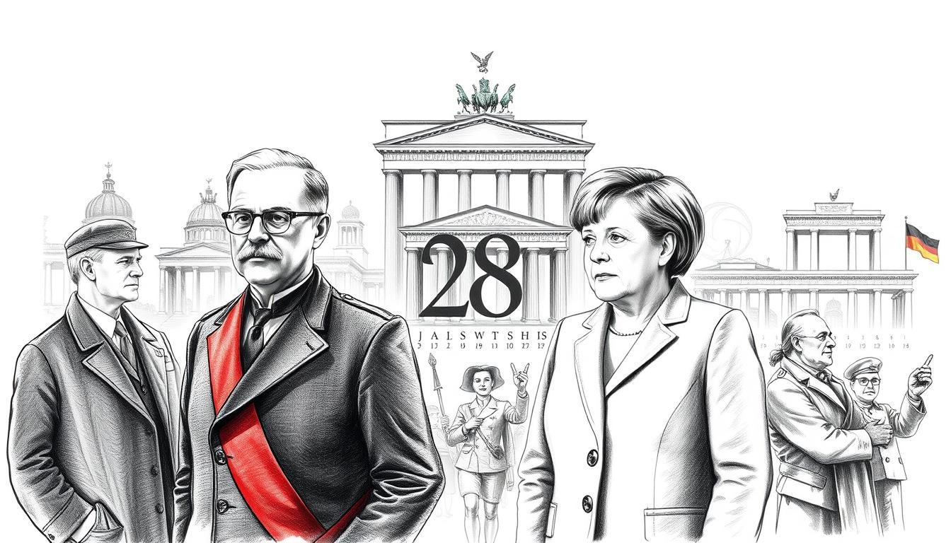 A monochrome pencil drawing depicting a historical calendar page for January 28, integrating elements of German history from the German Empire to the present. In the foreground, illustrate iconic figures such as Otto von Bismarck and Angela Merkel in professional attire, symbolizing different eras. In the middle, feature landmarks like the Brandenburg Gate and Berlin Wall, representing key moments in German history. The background should subtly fade into a timeline of significant events, with a light gray wash to maintain focus on the foreground elements. Introduce selective, vibrant color accents, such as a deep red for Bismarck's sash and soft blue for the skyline. The overall mood should evoke respect and reflection, with soft lighting that enhances the dimensionality of the illustration. A monochrome pencil drawing depicting a historical calendar page for January 28, integrating elements of German history from the German Empire to the present. In the foreground, illustrate iconic figures such as Otto von Bismarck and Angela Merkel in professional attire, symbolizing different eras. In the middle, feature landmarks like the Brandenburg Gate and Berlin Wall, representing key moments in German history. The background should subtly fade into a timeline of significant events, with a light gray wash to maintain focus on the foreground elements. Introduce selective, vibrant color accents, such as a deep red for Bismarck's sash and soft blue for the skyline. The overall mood should evoke respect and reflection, with soft lighting that enhances the dimensionality of the illustration.