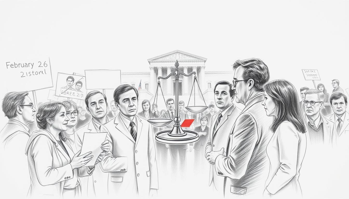A monochrome pencil drawing of a historical scene depicting societal and legal events on February 26. In the foreground, a diverse group of individuals in professional business attire, engaged in a serious discussion, expressing concern over humanitarian issues. In the middle ground, a symbolic representation of justice—a balanced scale surrounded by documents and protest signs, subtly highlighted with selective color accents like red and blue for emphasis. The background features an urban landscape with courthouse architecture and a distant gathering of people, suggesting community activism. Soft, dramatic lighting creates a somber yet hopeful atmosphere, focusing on the expressions and gestures of the individuals, evoking a sense of urgency and compassion for historical humanitarian tragedies.