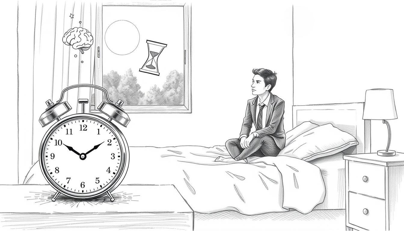 A monochrome pencil drawing of a serene bedroom setting, focusing on a person in professional business attire, looking contemplative while sitting on the edge of a neatly made bed. In the foreground, an alarm clock shows a late hour, symbolizing sleep disturbances. The middle ground includes various floating illustrated icons representing common symptoms of chronic sleep disorders, such as a worried brain, an hourglass symbolizing time, and subtle shapes of dream clouds. In the background, soft shadows of calming nature elements like a moonlit window and distant trees create a peaceful atmosphere, enhanced by colored accents of pale blue and lavender to symbolize tranquility and hope. The overall mood reflects a blend of concern and the pursuit of restful sleep.