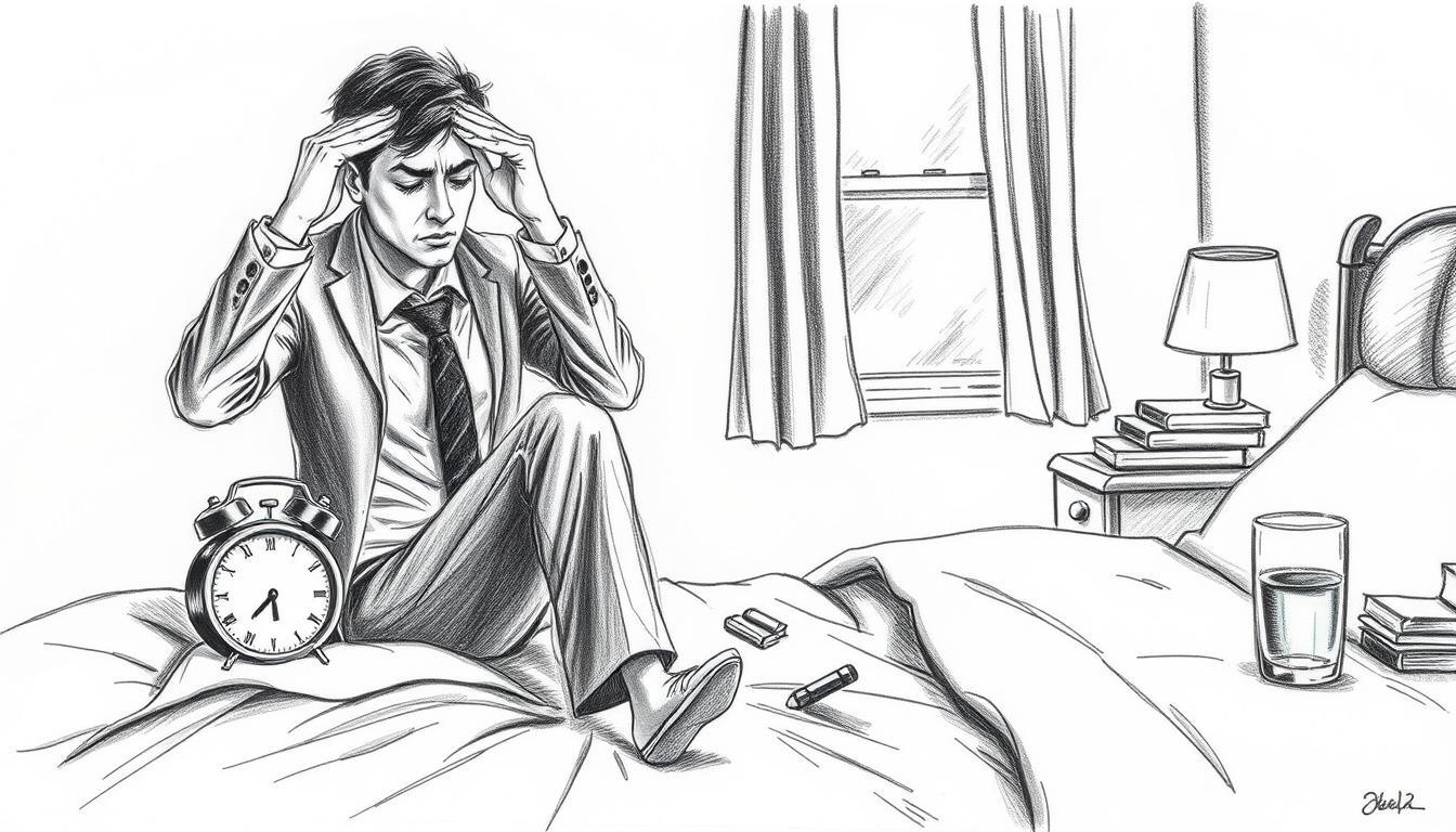 A monochrome pencil sketch depicting a bedroom scene that illustrates the symptoms of sleep problems. In the foreground, a person in professional attire sits on the edge of a disheveled bed, rubbing their temples in frustration, showcasing signs of sleep deprivation. Their eyes appear tired, and dark circles are visible under them. In the middle ground, an alarm clock blinks in the dim light, indicating an early hour, while a partially open window allows for a small burst of color from the morning light. The background features a messy nightstand with scattered books, a half-empty glass of water, and a dimly lit lamp. The atmosphere conveys a sense of confusion and fatigue, with the pencil sketch creating a detailed yet somber mood, highlighted by strategic color accents on the alarm clock and the window.