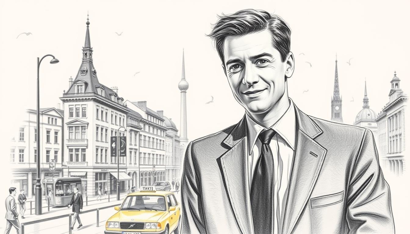 A monochrome pencil sketch depicting a young Manfred Krug during his early career, dressed in professional business attire. In the foreground, he stands confidently with a slight smile, exuding charisma and ambition. The middle ground features hints of a 1960s Hamburg cityscape, capturing vintage architecture and bustling streets, hinting at his rise in a vibrant cultural setting. The background includes softly rendered silhouettes of iconic Hamburg landmarks, adding depth without drawing focus. A few subtle splashes of color, like a blue sky or yellow taxi, evoke a lively atmosphere. The lighting is soft and diffused, creating a nostalgic yet uplifting mood, representing hope and new beginnings in his journey as an actor and singer.