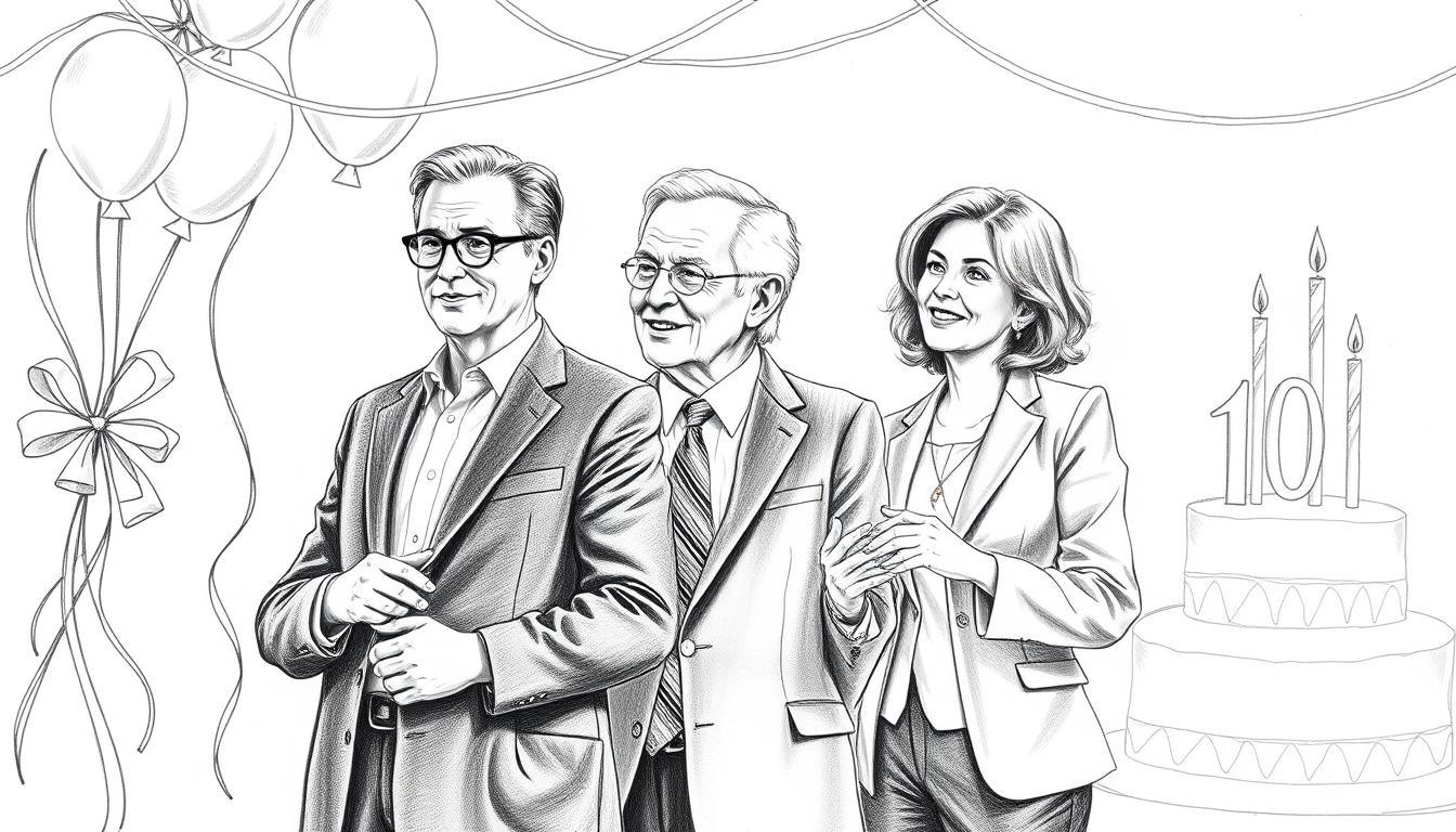 A monochrome pencil sketch featuring renowned personalities born on February 10th, depicted in a distinguished manner. In the foreground, portray three prominent figures from the 20th and 21st centuries, dressed in professional business attire, exuding charisma and success. Each figure is placed interactively, engaging with each other in a celebratory atmosphere. The middle layer showcases a subtle festive backdrop with elegant decorations, such as balloons and streamers, highlighted with occasional vibrant color accents to suggest a celebratory mood. The background includes an abstract representation of a birthday cake, softly blurred, enhancing the focus on the personalities. The lighting is soft and even, casting gentle shadows, creating an inviting and warm ambiance. The angle is slightly elevated to capture the scene’s depth, ensuring a dynamic perspective.