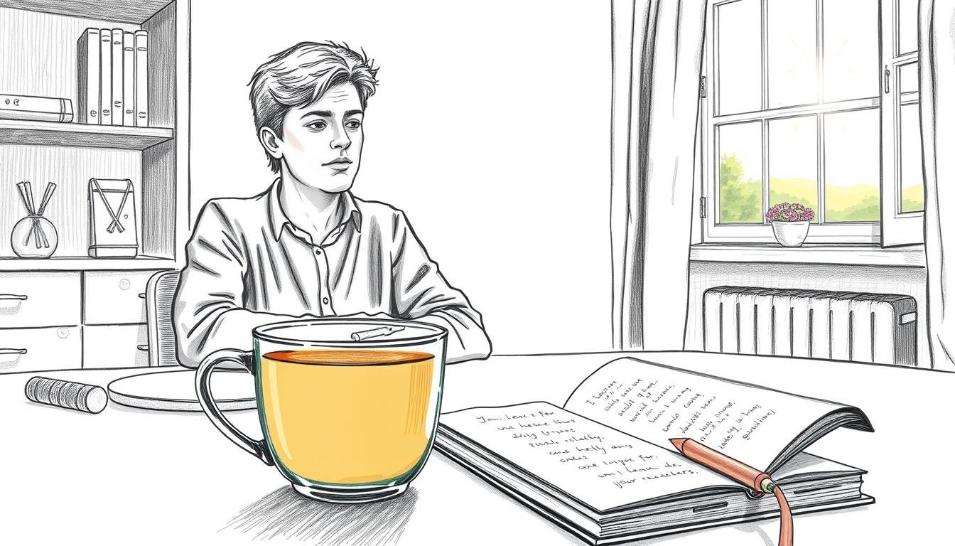 A person in a modest casual outfit sitting at a desk, looking contemplative as they monitor a thermometer reading slightly elevated, which indicates a fever. In the foreground, a cup of herbal tea sits beside a notebook filled with notes on home remedies, adding warmth. The middle background features a softly lit room with calming colors, such as pale blues and greens, creating a soothing atmosphere. A window reveals a sunny scene outside, symbolizing hope and healing. The overall setting is pencil-drawn in black and white, with selective colored accents on the tea and thermometer, enhancing the image's focus. The lighting is soft, creating a tranquil yet thoughtful mood, emphasizing the decision-making process regarding when to lower a fever.