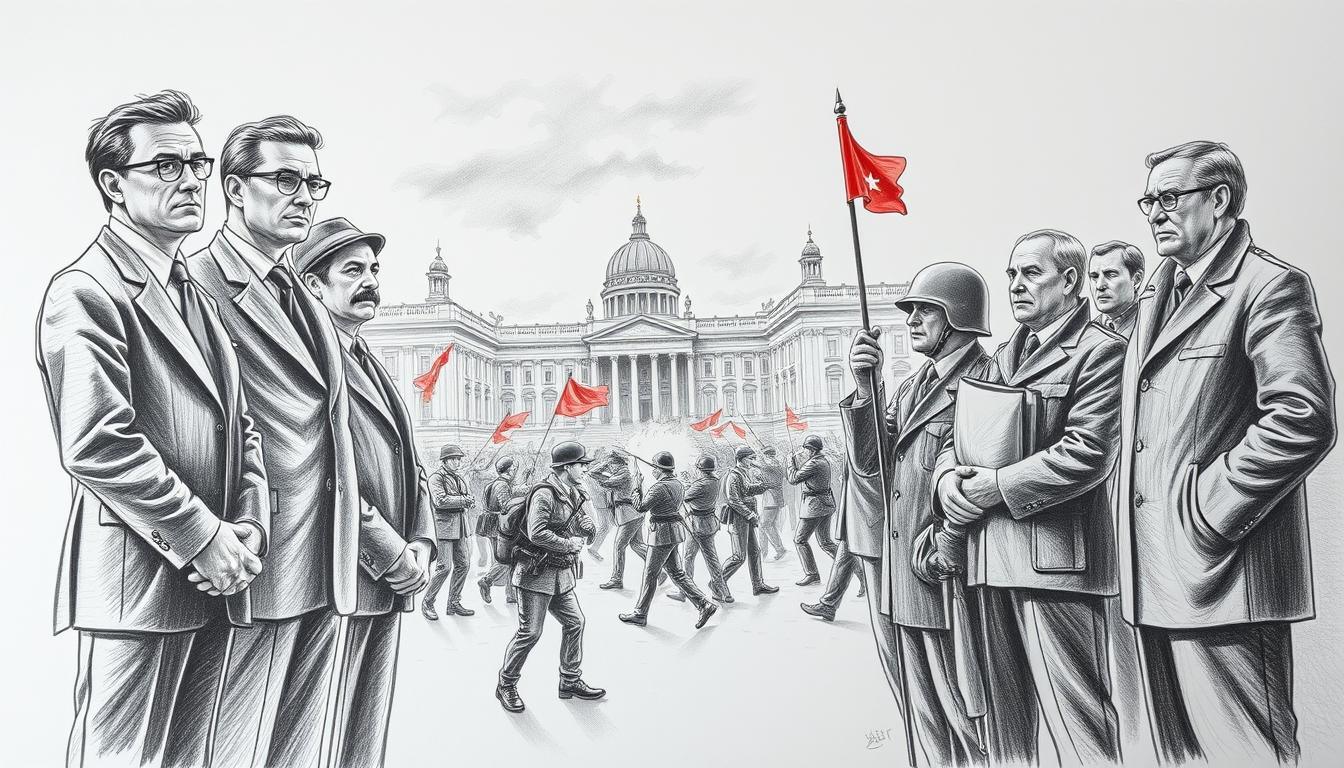 A poignant black and white pencil drawing illustrating "Kriegsereignisse und politische Umwälzungen am 11. Februar." In the foreground, a group of solemn figures in professional business attire stands united, their expressions reflecting a mix of determination and apprehension. The middle ground features a chaotic urban scene with soldiers in uniform clashing, and civilians caught in the turmoil, conveying the intensity of conflict. The background hints at historical buildings under a cloudy sky, casting shadows that symbolize the looming impact of war and politics. Subtle colored accents emphasize significant elements, like a red flag and blue uniforms, creating a stark contrast to the monochrome palette. The overall atmosphere should evoke a sense of urgency and gravity, capturing the spirit of change amidst the shadow of war. A poignant black and white pencil drawing illustrating "Kriegsereignisse und politische Umwälzungen am 11. Februar." In the foreground, a group of solemn figures in professional business attire stands united, their expressions reflecting a mix of determination and apprehension. The middle ground features a chaotic urban scene with soldiers in uniform clashing, and civilians caught in the turmoil, conveying the intensity of conflict. The background hints at historical buildings under a cloudy sky, casting shadows that symbolize the looming impact of war and politics. Subtle colored accents emphasize significant elements, like a red flag and blue uniforms, creating a stark contrast to the monochrome palette. The overall atmosphere should evoke a sense of urgency and gravity, capturing the spirit of change amidst the shadow of war.