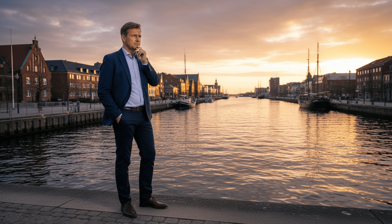 A poignant farewell scene featuring Axel Milberg as a character reflecting on his time in Kiel. In the foreground, Milberg stands in a thoughtful pose, dressed in a smart casual outfit suitable for a city backdrop. His expression is contemplative, conveying a mixture of nostalgia and determination. In the middle ground, the iconic Kiel waterfront is visible, with classic buildings and a soft sunset casting warm hues across the sky. The background features the silhouette of the city skyline, with gentle waves of the Kiel canal reflecting the colors of the sunset. The scene is bathed in soft, natural light, emphasizing a calm, introspective atmosphere, capturing the essence of departure and change. The angle is slightly elevated, focusing on Milberg while allowing the beauty of Kiel to frame him.