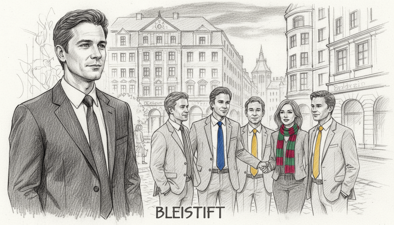 A poignant farewell scene featuring Marco Girnth, dressed in a professional dark suit, standing on a picturesque city street in Leipzig. The foreground captures Marco thoughtfully gazing into the distance, with subtle expressions of nostalgia and reflection. In the middle ground, a small group of colleagues in smart attire shares a heartfelt moment, exchanging farewells with warm smiles and handshakes. The backdrop showcases a charming Leipzig street, with historical buildings and soft twilight hues creating a melancholic yet hopeful atmosphere. The entire image is rendered in pencil sketch style, with black and white tones, highlighted by accent colors in the colleagues’ ties and scarves for a touch of vibrancy, evoking a sense of change and the end of an era. A poignant farewell scene featuring Marco Girnth, dressed in a professional dark suit, standing on a picturesque city street in Leipzig. The foreground captures Marco thoughtfully gazing into the distance, with subtle expressions of nostalgia and reflection. In the middle ground, a small group of colleagues in smart attire shares a heartfelt moment, exchanging farewells with warm smiles and handshakes. The backdrop showcases a charming Leipzig street, with historical buildings and soft twilight hues creating a melancholic yet hopeful atmosphere. The entire image is rendered in pencil sketch style, with black and white tones, highlighted by accent colors in the colleagues’ ties and scarves for a touch of vibrancy, evoking a sense of change and the end of an era.