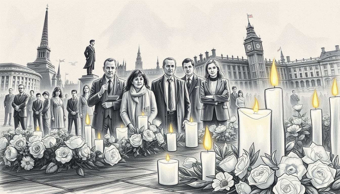 A poignant scene capturing the essence of remembrance and tragedy, focusing on historical events associated with February 7th. In the foreground, a candlelit memorial with flickering flames symbolizes hope amidst sorrow, surrounded by subtle floral tributes. The middle ground features solemn figures in professional attire, portraying a diverse group of individuals united in reflection, their expressions evoking a somber mood. The background showcases a monochromatic landscape of historic landmarks, with soft, shadowy outlines conveying a sense of depth and time. Use black and white pencil sketch style with selective color highlights on the candles and flowers to draw attention. The lighting should be soft and atmospheric, creating a serene, respectful ambiance that honors the memories and tragedies of the past. A poignant scene capturing the essence of remembrance and tragedy, focusing on historical events associated with February 7th. In the foreground, a candlelit memorial with flickering flames symbolizes hope amidst sorrow, surrounded by subtle floral tributes. The middle ground features solemn figures in professional attire, portraying a diverse group of individuals united in reflection, their expressions evoking a somber mood. The background showcases a monochromatic landscape of historic landmarks, with soft, shadowy outlines conveying a sense of depth and time. Use black and white pencil sketch style with selective color highlights on the candles and flowers to draw attention. The lighting should be soft and atmospheric, creating a serene, respectful ambiance that honors the memories and tragedies of the past.