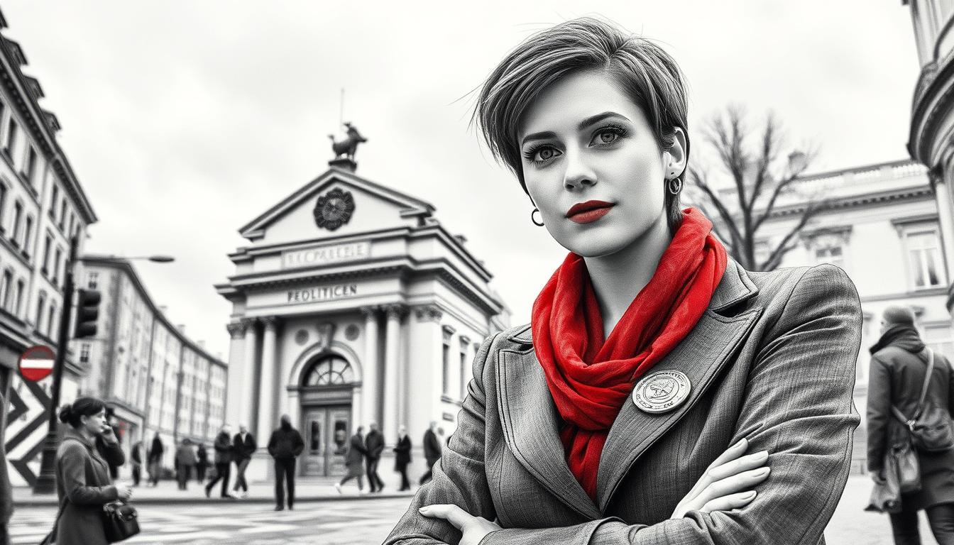 A poised female detective, Kommissarin Emilia Rathgeber, stands confidently in the foreground, dressed in smart business attire with a grey blazer and tailored trousers, exuding authority and intelligence. Her features are sharp, with short, stylish hair and keen, expressive eyes. In the middle ground, a bustling city street hints at her dynamic environment, with blurred figures of pedestrians and the silhouette of a classic police station. The background reveals a cloudy sky, casting a soft, diffused light, creating a moody atmosphere. The image is rendered in pencil sketch style, black and white, with vibrant color accents highlighting Emilia's badge and a red scarf around her neck for a striking contrast. The angle is slightly low, enhancing her commanding presence while maintaining a professional tone.