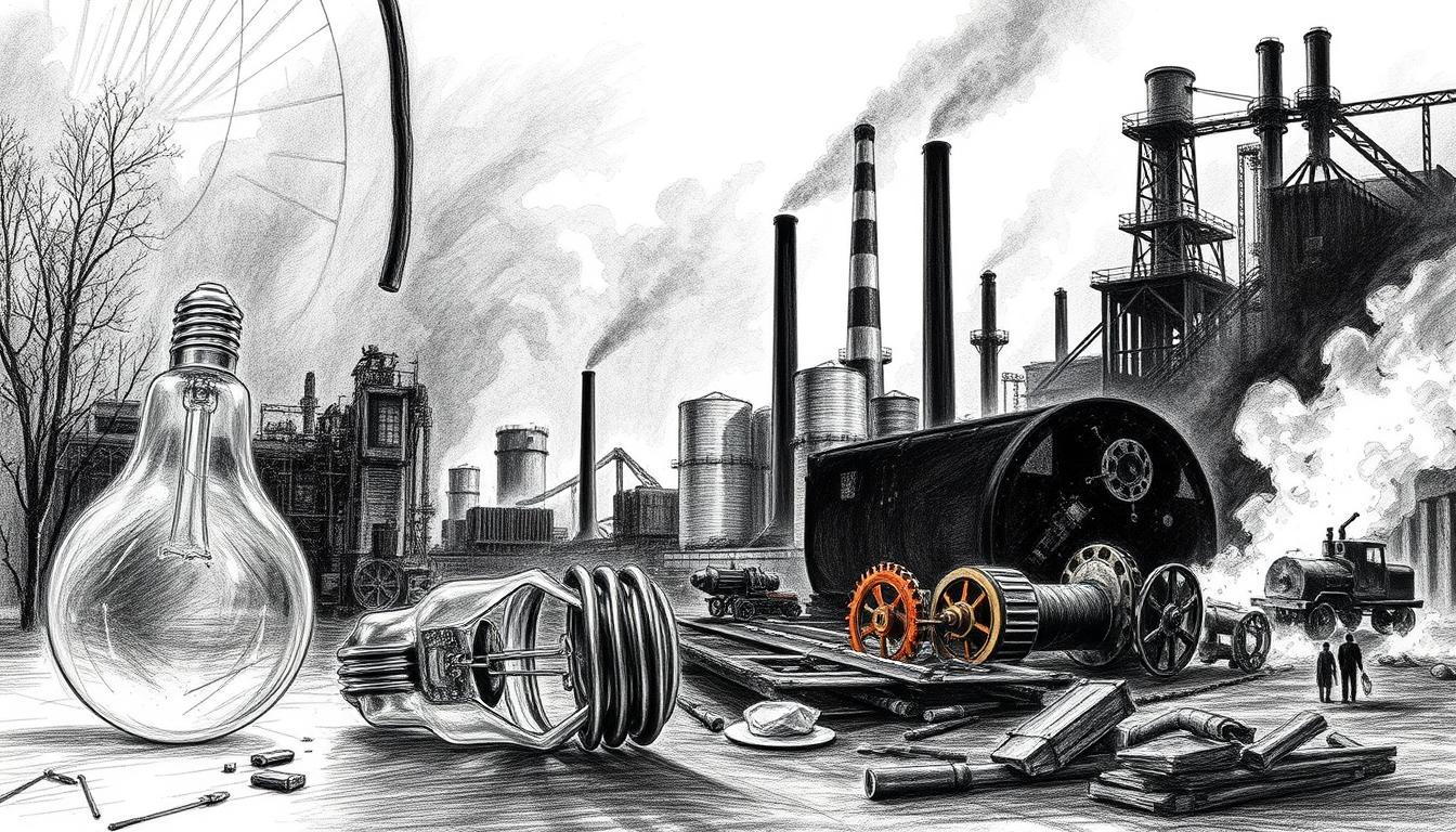 A powerful composition illustrating "Technological Inventions and Economic Downfalls" in a black and white pencil sketch style, with selective color accents. In the foreground, showcase a broken invention, like a shattered light bulb symbolizing failed innovations, while in the middle, depict contrast between thriving factories and abandoned ones, signifying economic cycles. In the background, include silhouettes of industrial machinery and crumbling structures representing the rise and fall of economies. Use dramatic lighting to create shadows that evoke a somber mood, while focal points are enhanced with subtle color highlights, such as rust and vibrant machinery hues. The overall atmosphere should convey the bittersweet relationship between progress and decline, capturing the tension of advancements overshadowed by economic challenges.
