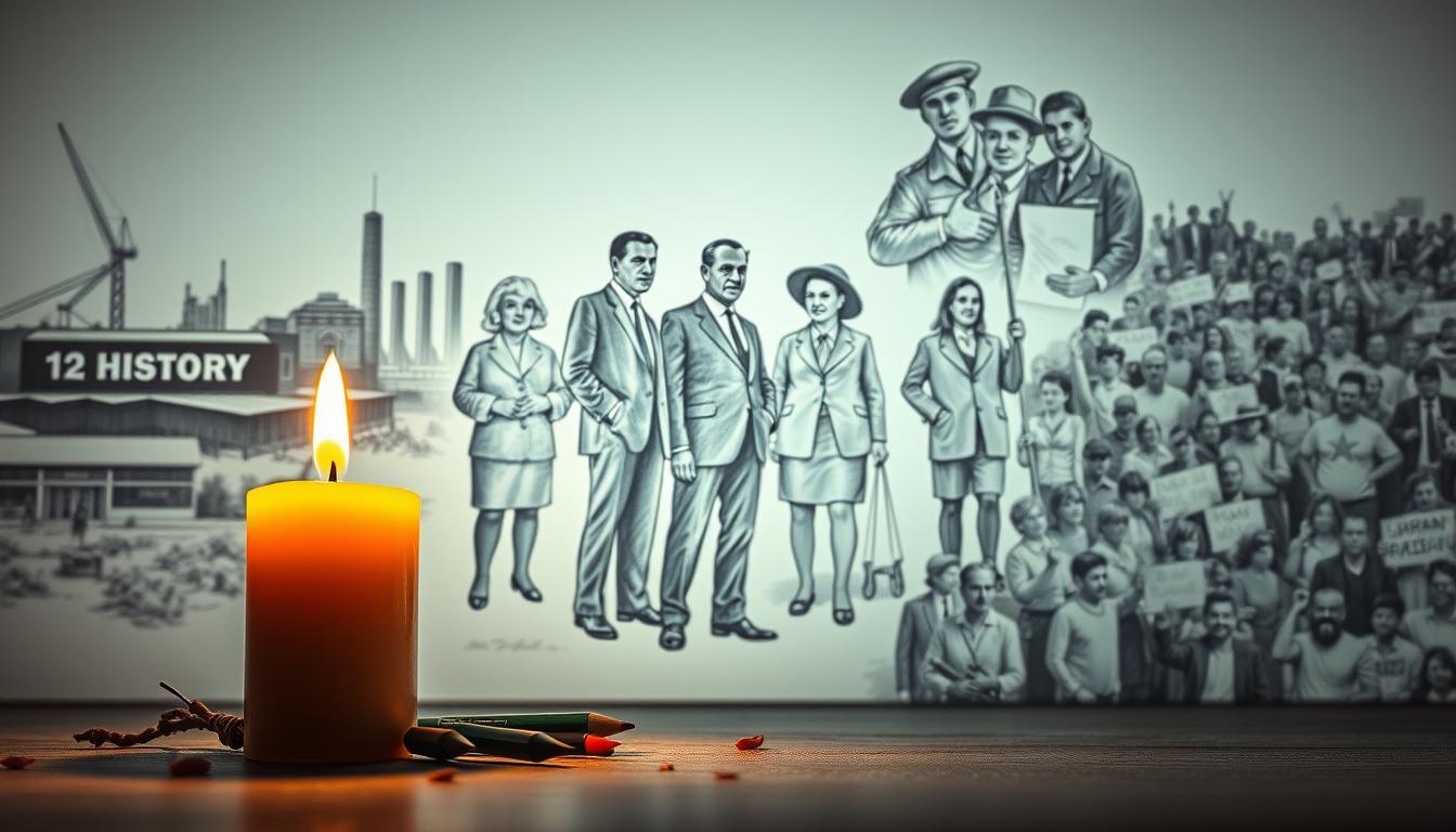 A powerful composition showing three significant historical moments of the 20th century. In the foreground, a somber candle memorial symbolizes loss, surrounded by softly glowing colorful accents. The middle ground features iconic silhouettes of leaders from pivotal events, like the signing of key treaties and civil rights marches, rendered in detailed pencil sketches. Each figure is dressed in professional attire, representing unity and determination. The background displays a collage of scenes—an industrial skyline symbolizing progress, a war-torn landscape, and crowds celebrating peace, all in black and white. The lighting is dramatic, casting shadows that evoke deep emotions, while a slight focus effect creates depth. The overall atmosphere is reflective and thought-provoking, inviting viewers to contemplate the impact of these moments on world history.