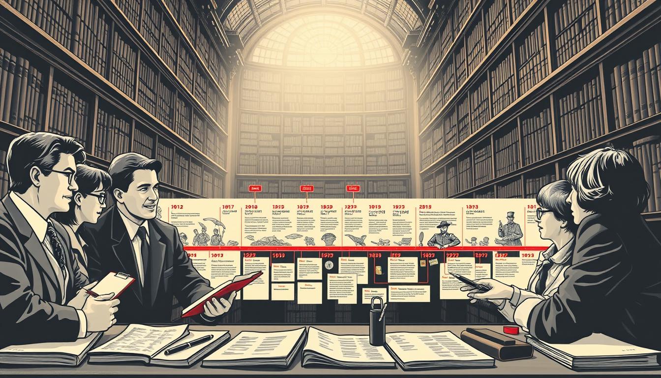 A powerful, monochromatic illustration depicting "The Legacy of Historical Events" on February 16th. In the foreground, a group of diverse historians and scholars in professional business attire are engaged in animated discussion, with notebooks and vintage documents spread out before them. In the middle layer, a stylized timeline of major historical events is intricately laid out, featuring key dates and symbols, subtly highlighted with vibrant color accents like red, blue, and gold. The background showcases a majestic library filled with towering bookshelves and dim, warm lighting that casts soft shadows, creating an atmosphere of reverence and contemplation. Use a slightly elevated angle to capture the depth and focus on the timeline, ensuring a sense of importance and legacy is conveyed throughout the scene. A powerful, monochromatic illustration depicting "The Legacy of Historical Events" on February 16th. In the foreground, a group of diverse historians and scholars in professional business attire are engaged in animated discussion, with notebooks and vintage documents spread out before them. In the middle layer, a stylized timeline of major historical events is intricately laid out, featuring key dates and symbols, subtly highlighted with vibrant color accents like red, blue, and gold. The background showcases a majestic library filled with towering bookshelves and dim, warm lighting that casts soft shadows, creating an atmosphere of reverence and contemplation. Use a slightly elevated angle to capture the depth and focus on the timeline, ensuring a sense of importance and legacy is conveyed throughout the scene.