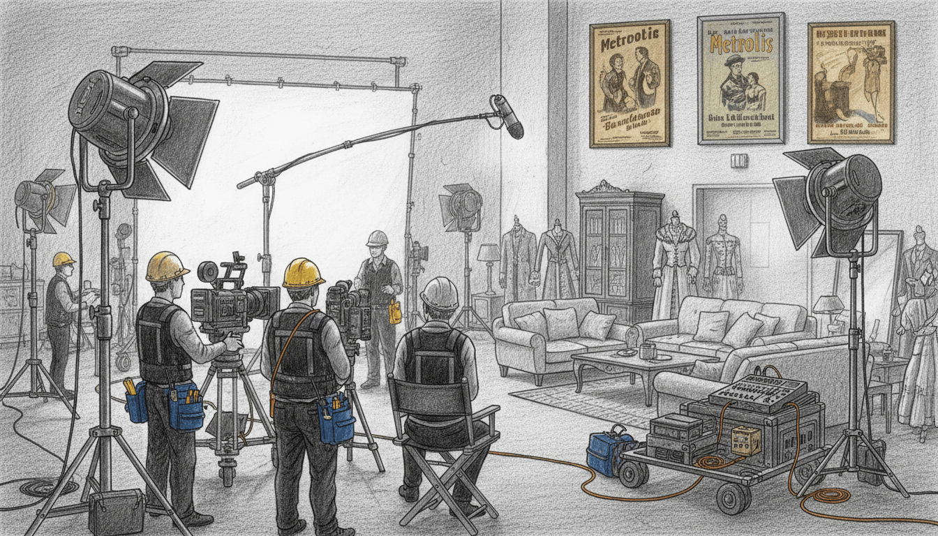 A professional film studio interior in Berlin, focusing on the intricacies of film production. In the foreground, a well-organized set with lights and cameras poised for action, with crew members in professional attire, discussing the next shot. The middle layer showcases vibrant props and sound equipment, while the background reveals a cozy lounge area adorned with vintage film posters, all illustrated in pencil black and white, with selective color accents highlighting the crew’s equipment. The lighting is soft yet focused, generating an atmosphere of creativity and collaboration. Capture this scene from a slightly elevated angle, emphasizing the busy yet harmonious environment of studio filmmaking.