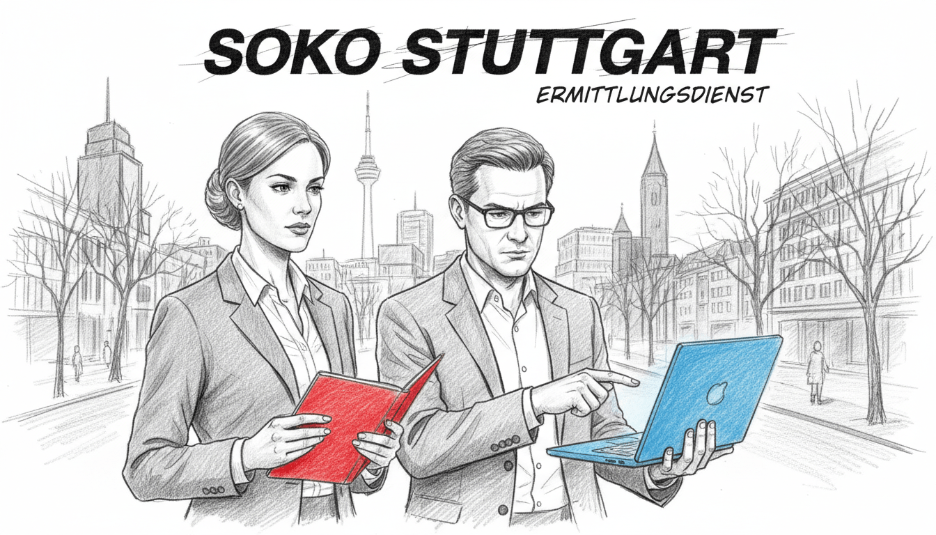 A professional investigator team from "SOKO Stuttgart" in action, depicted in a dynamic black and white pencil sketch. The foreground features three team members: a confident female detective in a sharp blazer, a thoughtful male officer with glasses, and a tech-savvy investigator with a laptop, all engaged in a discussion. In the middle ground, a bustling Stuttgart cityscape can be seen, with recognizable landmarks subtly integrated. The background captures the essence of an urban environment, with shadowy buildings and trees lining the streets, creating depth. Strategic highlights of color emphasize tools and equipment—like a red notebook and blue laptop screen—adding vibrancy to the scene. This carefully composed image conveys a sense of camaraderie and determination. The lighting is soft but focused, adding an engaging yet professional atmosphere, perfect for illustrating the investigative work showcased in the SOKO series.