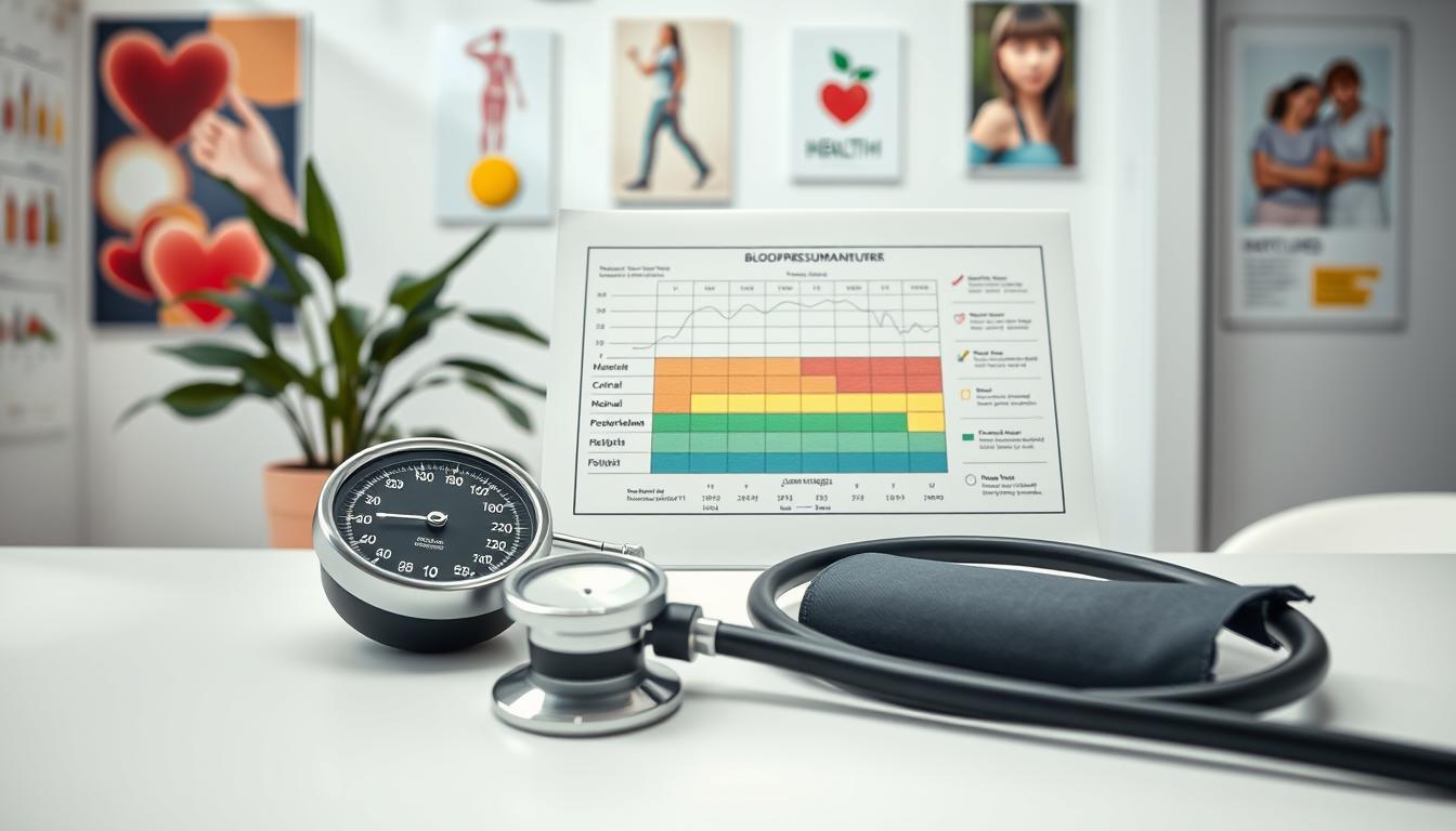 A professional medical workspace featuring a detailed blood pressure measuring setup. In the foreground, a sleek, modern sphygmomanometer and stethoscope lie on a clean, white counter. The middle layer showcases an informative chart detailing blood pressure ranges, with color-coded indicators for normal and high values, drawn in pencil with subtle colored accents highlighting critical areas. In the background, a softly lit room creates a calming atmosphere, decorated with health-related posters and a potted plant. The lighting is soft and diffused, emphasizing the importance of health and wellness. The angle should be slightly tilted, providing a dynamic view, while maintaining a professional and educational vibe, avoiding any text or distractions.