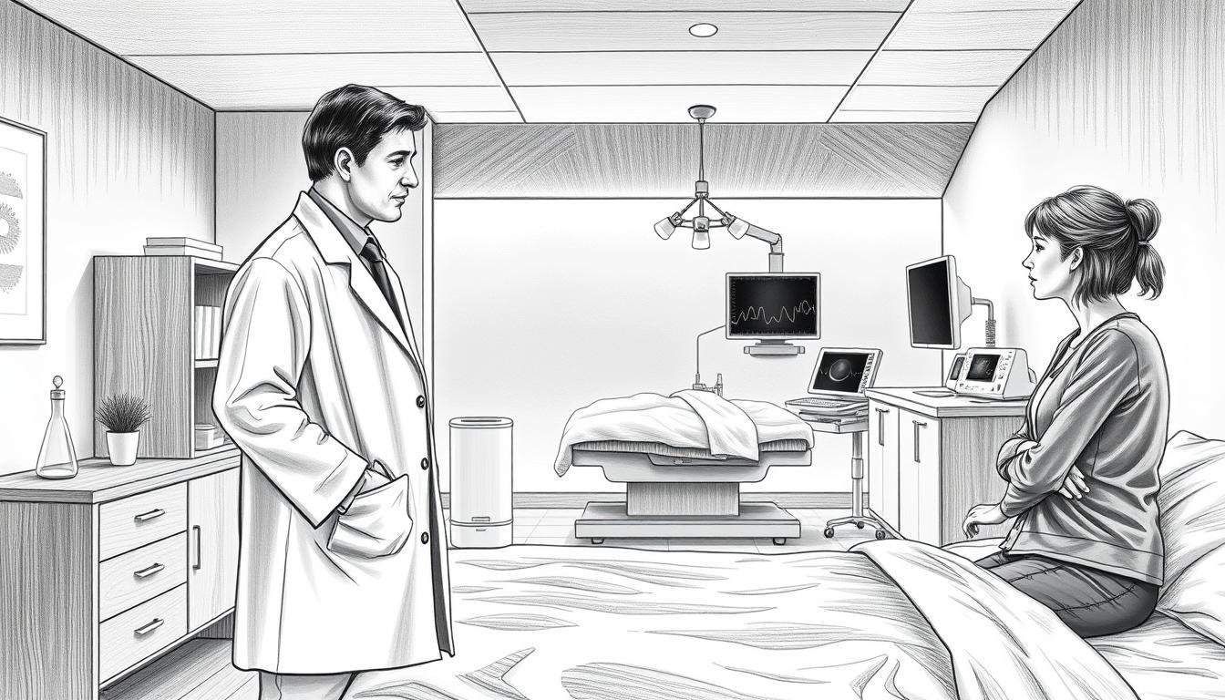 A professional setting depicting the diagnosis process for sleep disorders. In the foreground, a doctor in a white coat stands beside a bedside, interacting with a patient who appears concerned but engaged, both dressed in modest casual clothing. In the middle ground, there's a sleek, modern sleep study room equipped with advanced monitoring equipment and a comfortable sleep bed, highlighting the transition from consultation to sleep lab. The background features a softly lit ambiance, with calming colors and minimalistic decor to evoke a soothing atmosphere. The image should be in black and white pencil style, with selective color accents on the doctor's coat and sleep lab equipment to draw attention. The mood is professional yet caring, reflecting the serious nature of sleep disorders diagnosis.