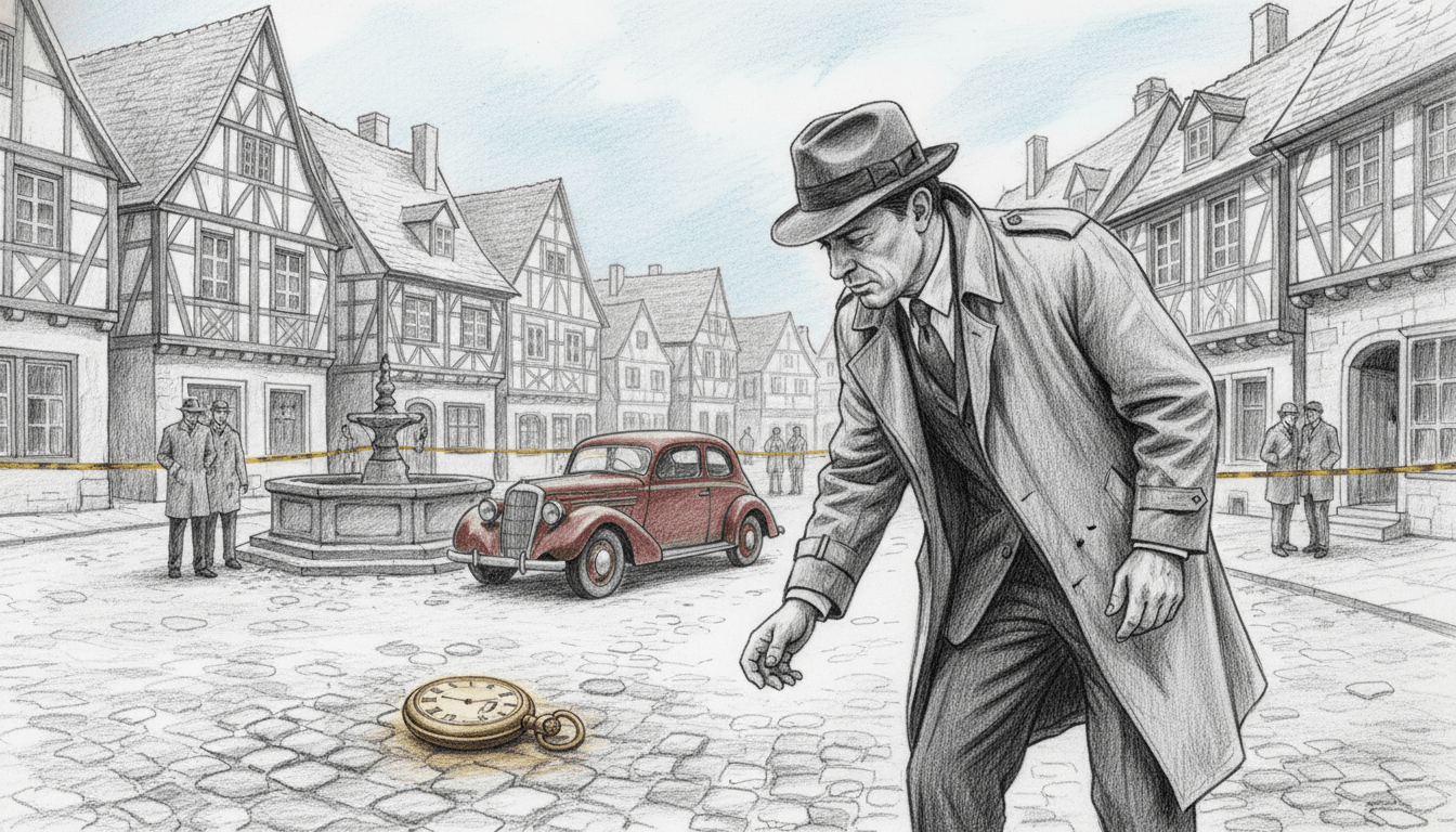 A regional crime scene inspired by the authentic settings of the SOKO series, depicted in black and white pencil drawing with selective color accents. In the foreground, a detective in professional business attire examines a clue, a focused expression on their face. The middle ground showcases a quaint European town square, featuring cobblestone streets and traditional architecture that reflect the unique character of the series. In the background, a soft, moody sky hints at the mystery and intrigue of the crime drama, with diffused lighting creating a dramatic atmosphere. The overall composition captures the essence of regional crime stories, emphasizing authenticity and suspense without any text or distractions.