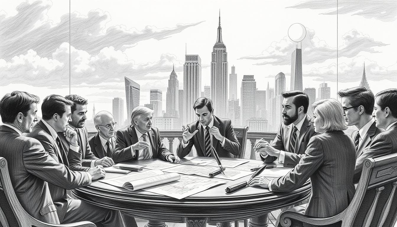 A scene depicting "Political Power Plays on February 26" in a visually striking black and white pencil drawing with selective color accents. In the foreground, a group of diverse figures in professional business attire engage in animated discussions, their expressions intense and focused. Their gestures convey strategic dialogue and bargaining. The middle ground features a large, ornate table laden with historical documents, maps, and quill pens, symbolizing treaties and negotiations. In the background, an imposing cityscape silhouette reflects the weight of political influence, with tall buildings contrasting against dramatic clouds. The lighting is soft yet dynamic, casting expressive shadows that enhance the mood of intrigue and tension. This composition evokes a sense of historical significance and the complexity of power dynamics.