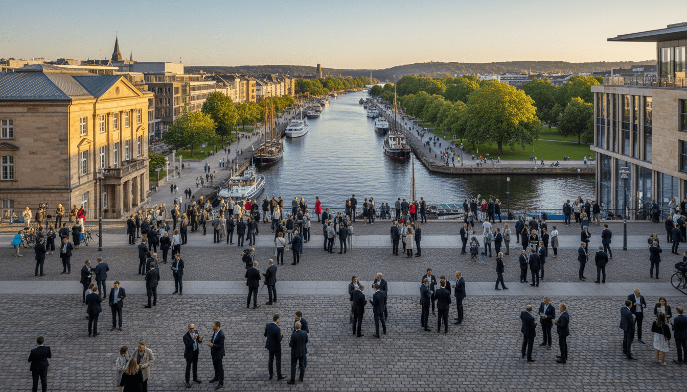 A scenic view of Kiel, Germany, showcasing the city's iconic architecture with a mix of modern and historical buildings. In the foreground, a bustling street filled with people in professional business attire, engaging in conversation, shows the vibrancy of city life. The middle ground features the Kiel canal, lined with boats and pedestrians, reflecting the city's maritime heritage. In the background, green parks and distant hills add depth, with a clear sky illuminated by warm, late afternoon sunlight casting soft shadows. The overall mood is dynamic yet serene, capturing the essence of Kiel as both a busy urban center and a place of natural beauty, with a focus on community and investigation.