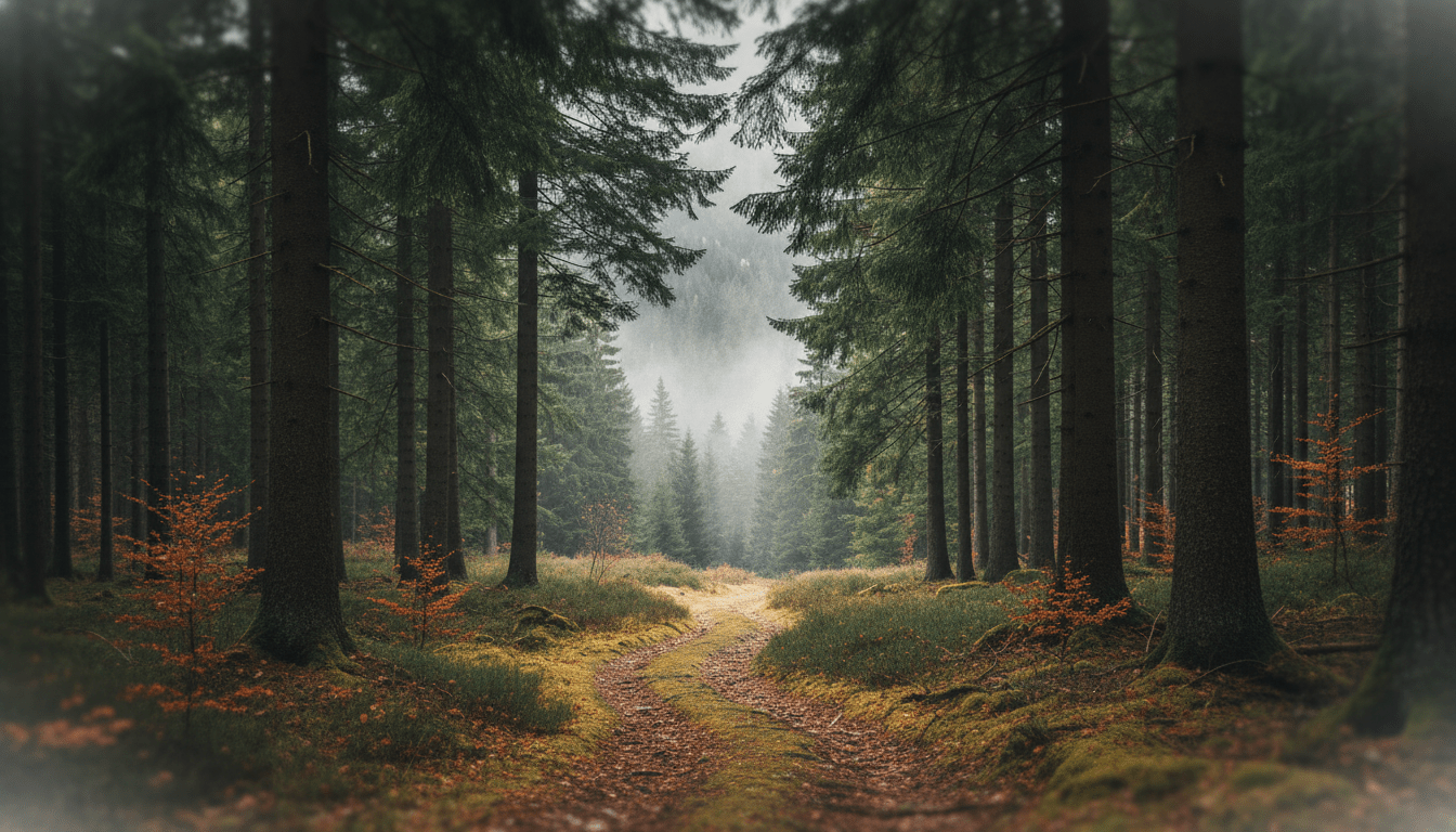 A serene and atmospheric scene of the Schwarzwald (Black Forest) setting, showcasing towering, dense pine trees with their rich green foliage. In the foreground, a winding path leads through the forest, adorned with autumn leaves in shades of orange and yellow. Midground details include dappled sunlight breaking through the canopy, casting soft, ethereal light on the ground. The background features misty hills fading into the distance, evoking a sense of mystery. The overall mood should be contemplative and slightly eerie, capturing the essence of a detective story set in this iconic location. Use a wide-angle lens effect to encompass the grandeur of the forest, with a soft focus on the edges for a dreamlike quality. No people or text in the image.