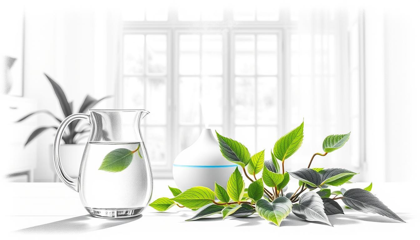 A serene indoor setting focused on promoting hydration and optimal air moisture. In the foreground, a sleek glass pitcher filled with fresh, clear water, surrounded by vibrant green leaves from a small indoor plant, emphasizing a refreshing atmosphere. The middle ground features an elegant diffuser releasing a gentle mist, with droplets of water suspended mid-air, capturing the essence of humidity. In the background, a soft, natural light filters through a large window, casting delicate shadows and enhancing the calming ambiance. The entire composition should be in pencil-black and white, with selective colorful accents on the water and plants, creating a soothing yet vivid scene that reflects the importance of maintaining hydration and optimal air quality.