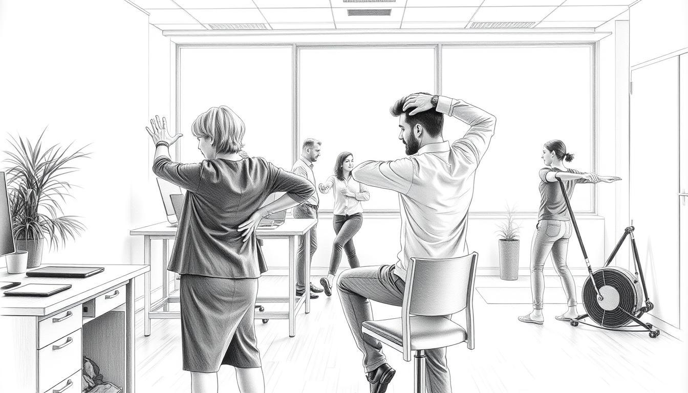 A serene office environment depicting a diverse group of professionals integrating back exercises into their daily routines. In the foreground, a middle-aged woman in modest business attire performs a gentle stretching exercise near her desk, while a young man in casual clothing demonstrates a simple seated twist on a chair. The middle ground shows colleagues engaged in light discussions as they incorporate mobility routines, with a yoga mat and stretch bands nearby. In the background, a bright, airy window allows natural light to filter in, enhancing the scene's calm atmosphere. The overall image is created in pencil black and white with subtle colorful accents highlighting the exercise equipment and clothing. The mood is focused and encouraging, emphasizing health and well-being in the workplace.