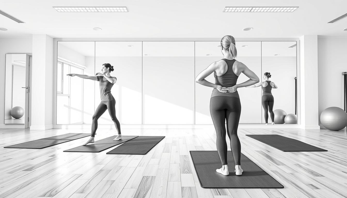 A series of five step-by-step exercises for relieving back pain, illustrated in pencil-black and white with selective color accents. In the foreground, a professional male and female instructor demonstrate simplified stretching and strengthening exercises on yoga mats, clad in modest, professional sports attire. In the middle ground, the setting features a bright and airy fitness studio with wooden floors, mirrors reflecting the instructors, and light streaming in through large windows, creating an inviting atmosphere. The background showcases subtle fitness elements like exercise balls and resistance bands. The overall mood is calm and encouraging, promoting well-being and health. Emphasize clear body postures and correct form for each exercise, with a focus on enhancing back strength and flexibility.