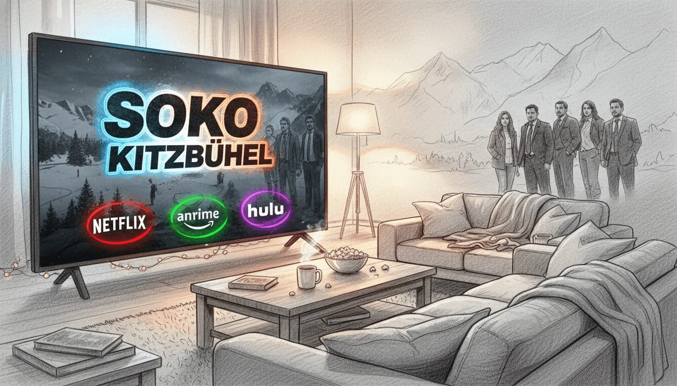 A sleek and modern digital illustration depicting a streaming interface for "SOKO Kitzbühel," presented in a predominantly black and white pencil sketch style, infused with vibrant colored accents. In the foreground, display a large, stylized TV screen showcasing the show's logo and various streaming platform logos like Netflix, Amazon Prime, and Hulu, rendered in monochrome with bright colored highlights around them. The middle ground features a comfortable living room setup with a couch, coffee table, and subtle decorative elements, suggesting a cozy atmosphere for binge-watching. In the background, soft outlines of mountains hinting at the Austrian Alps create an inviting ambiance. Utilize warm, diffused lighting to evoke a relaxing mood, focusing on a cinematic angle that draws viewers into the streaming experience.
