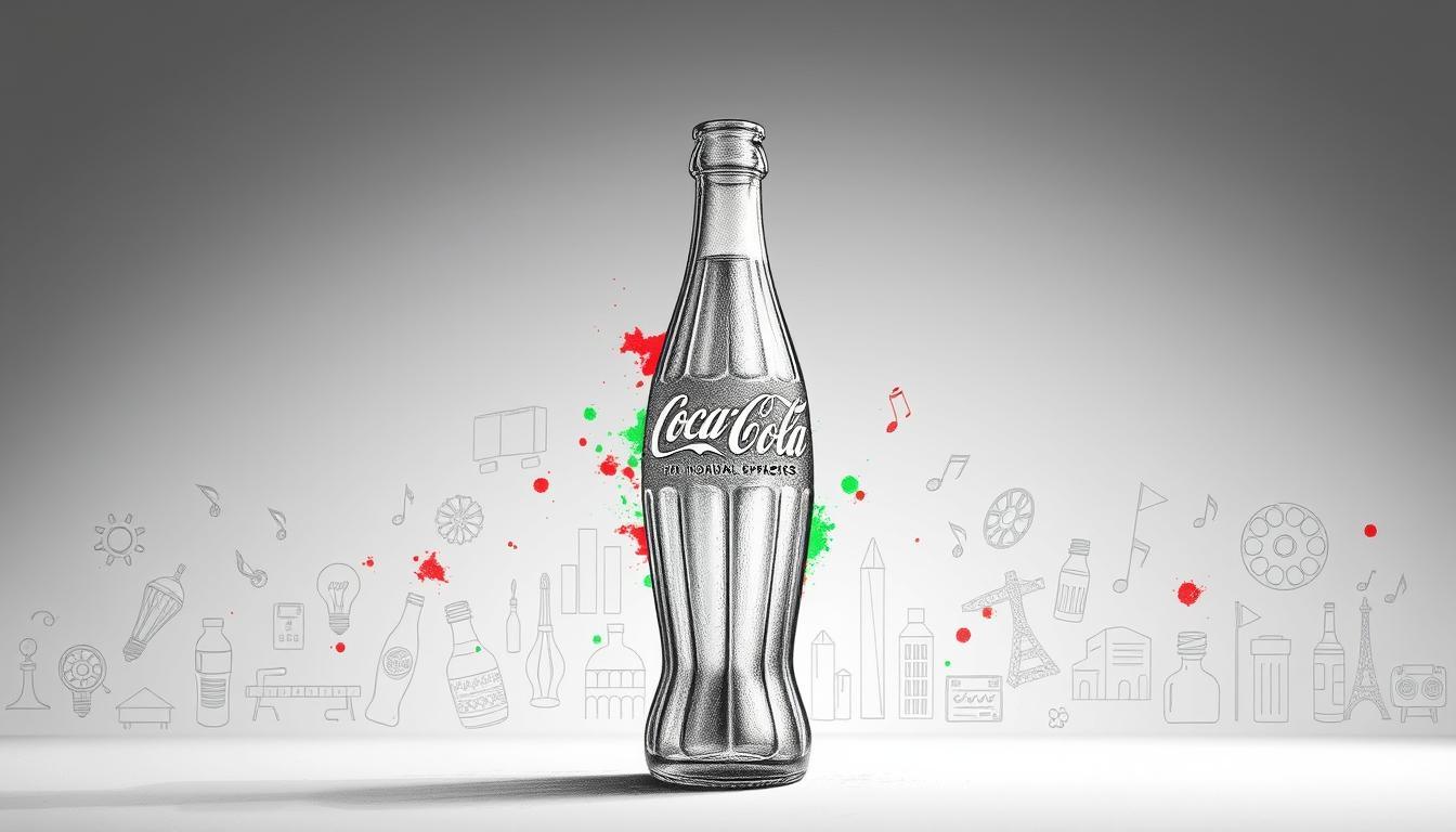 A sleek, classic Coca-Cola bottle stands prominently in the foreground, its iconic silhouette depicted in crisp black and white pencil sketch. Surrounding the bottle, subtle splashes of vibrant red and green accents symbolize innovation and cultural milestones throughout history. In the middle ground, faint outlines of significant inventions and cultural symbols—like light bulbs, film reels, and musical notes—blend together, creating a tapestry of progress. The background is a gentle gradient transitioning from light gray to dark, evoking a sense of nostalgia yet anticipation for the future. Soft, diffused lighting highlights the contours of the bottle, while adding depth and dimension. The atmosphere is inspiring and reflective, inviting viewers to contemplate the impact of innovation on culture.
