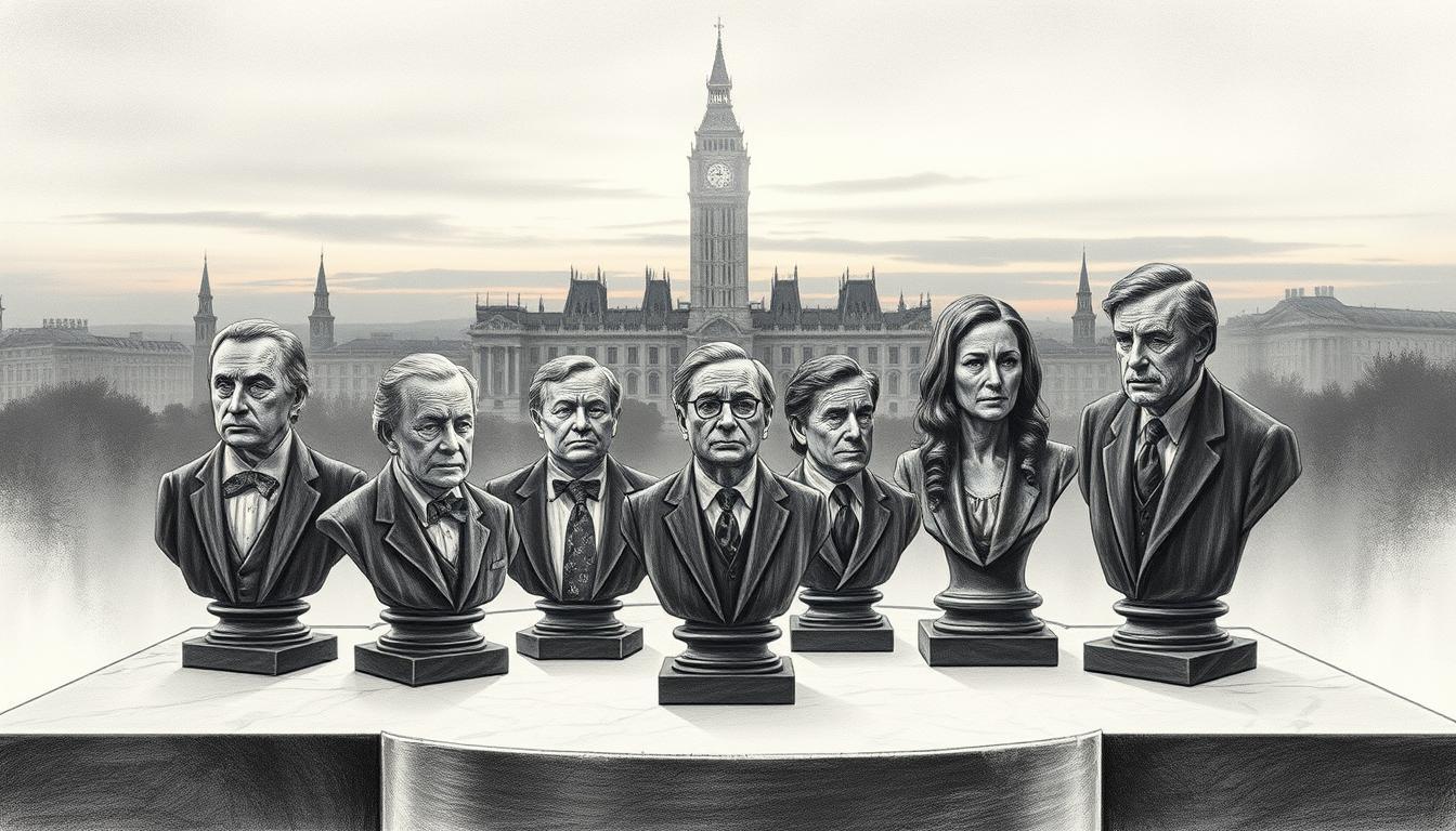 A somber, reflective scene illustrating notable figures who have passed away, depicted in detailed pencil sketch style with selective colored accents. In the foreground, a collection of busts representing these personalities, each in professional attire, arranged on a marble pedestal. The middle ground features an ethereal, softly lit setting that includes faint outlines of historical landmarks, symbolizing the eras they influenced. The background presents a twilight sky, merging deep grays with subtle hints of color, suggesting the end of an era. Soft, diffused lighting creates a contemplative atmosphere. The overall mood is one of reverence and reflection, capturing the essence of their legacies in a poignant manner.