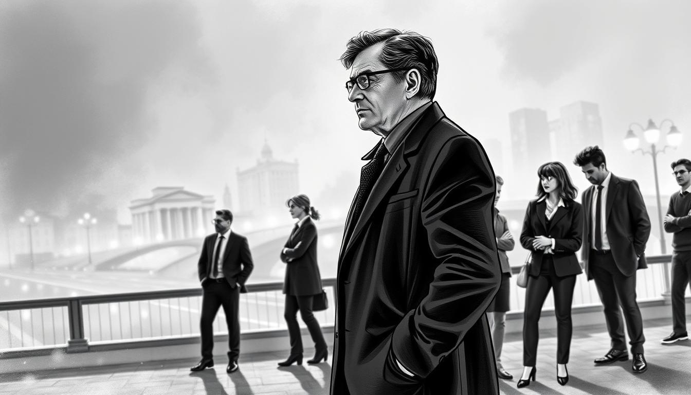 A somber yet hopeful black and white illustration reflecting the theme of "Tatort Abschiede 2026." In the foreground, a distinguished middle-aged detective in professional attire stands, gazing thoughtfully into the distance, his expression a blend of nostalgia and anticipation. His silhouette is sharp against the lighter background. In the middle ground, a diverse group of new detectives, dressed in smart business casual attire, engage in conversation, symbolizing new beginnings. The background features a blurred cityscape, softly illuminated by the glow of streetlights, suggesting a night scene. There are momentary splashes of color, representing the vitality and energy of the new cast. The atmosphere is a mix of melancholy and excitement, captured with soft, diffuse lighting to evoke emotions associated with farewells and fresh starts.