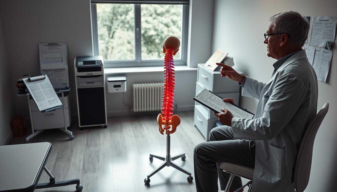 A somber yet informative scene illustrating the importance of visiting a doctor for back pain issues. In the foreground, a patient in modest casual clothing is seated on an examination table, looking concerned while facing a doctor in a white coat, who is reviewing medical notes. The doctor gestures towards an anatomical model of the spine placed on a nearby stand, highlighting areas of potential concern. The middle ground features a well-organized examination room, with medical equipment and charts in soft black and white tones. In the background, there is a window showing a hint of outside greenery, adding a splash of serene color. The lighting is soft and natural, creating a calm and professional atmosphere, with colored highlights focused on the model. The overall mood conveys seriousness and a sense of urgency regarding consultations for back problems.
