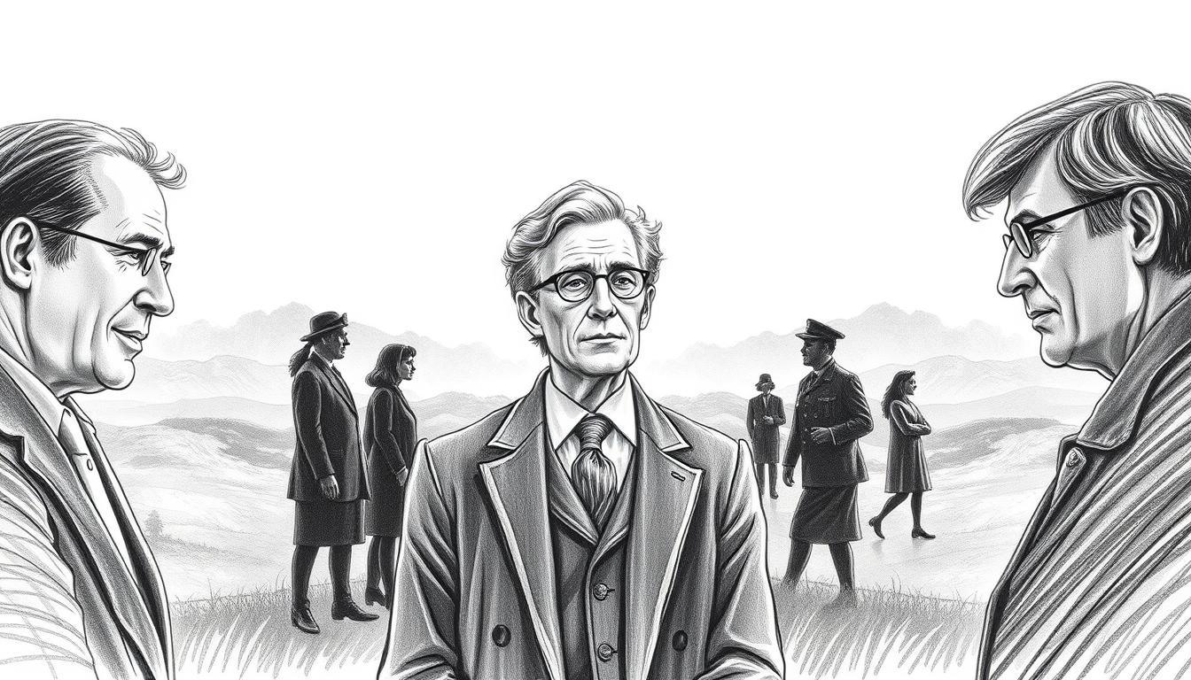 A somber yet respectful illustration of notable personalities who passed away on February 24th, depicted in a black and white pencil sketch style. In the foreground, a central figure representing a historical icon, dressed in professional attire, surrounded by subtly colored accents that highlight their contributions. The middle ground features silhouettes of other significant figures, hinting at their influence and legacy. The background showcases an ethereal landscape, suggesting a transition between life and the beyond, with soft, diffused lighting to create a reflective atmosphere. The overall mood is contemplative and respectful, inviting viewers to ponder the impact of these individuals on history.