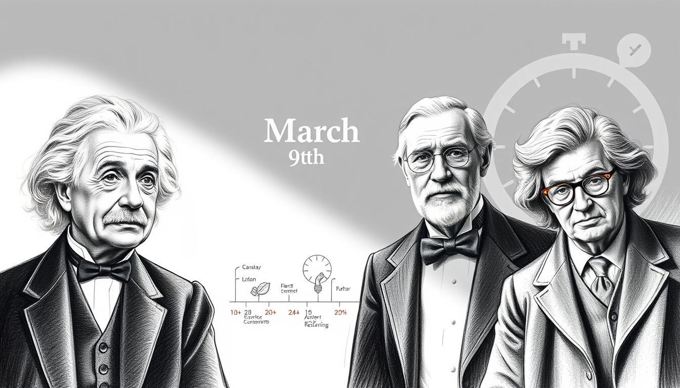 A sophisticated black and white illustration featuring significant historical figures born or died on March 9th, skillfully rendered in pencil. The foreground showcases three prominent figures, such as Albert Einstein and a famous author, depicted in professional attire, with subtle bursts of color highlighting their key features or symbols associated with their achievements. In the middle ground, a timeline or symbolic imagery referencing their contributions or life events flows gently, connecting the figures. The background features a soft, abstract representation of a calendar or clock, hinting at the passage of time. The lighting is soft yet dramatic, with focused light illuminating the figures, creating a contemplative and respectful atmosphere. Ensure the overall mood evokes reflection and historical significance. A sophisticated black and white illustration featuring significant historical figures born or died on March 9th, skillfully rendered in pencil. The foreground showcases three prominent figures, such as Albert Einstein and a famous author, depicted in professional attire, with subtle bursts of color highlighting their key features or symbols associated with their achievements. In the middle ground, a timeline or symbolic imagery referencing their contributions or life events flows gently, connecting the figures. The background features a soft, abstract representation of a calendar or clock, hinting at the passage of time. The lighting is soft yet dramatic, with focused light illuminating the figures, creating a contemplative and respectful atmosphere. Ensure the overall mood evokes reflection and historical significance.