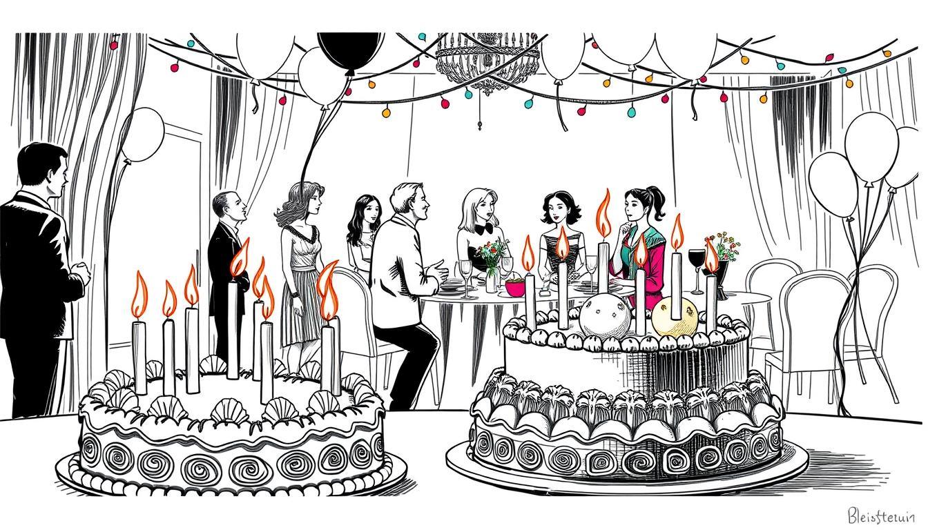 A sophisticated monochrome illustration celebrating "Runde Geburtstage 2024" on February 15. In the foreground, depict a beautifully designed cake adorned with candles, celebrating notable birthdays. The middle layer features elegantly dressed figures of diverse ages, symbolizing different personalities and milestones, engaged in joyful conversation. The background showcases a serene party setting with a table set for celebration, subtly accented with soft, warm lighting to create a festive yet intimate atmosphere. Colorful accents burst through the monochrome artwork, highlighting key elements like balloons, streamers, and the cake decorations. This image conveys a sense of joy and commemoration, perfectly aligning with the theme of special anniversaries on this date. A sophisticated monochrome illustration celebrating "Runde Geburtstage 2024" on February 15. In the foreground, depict a beautifully designed cake adorned with candles, celebrating notable birthdays. The middle layer features elegantly dressed figures of diverse ages, symbolizing different personalities and milestones, engaged in joyful conversation. The background showcases a serene party setting with a table set for celebration, subtly accented with soft, warm lighting to create a festive yet intimate atmosphere. Colorful accents burst through the monochrome artwork, highlighting key elements like balloons, streamers, and the cake decorations. This image conveys a sense of joy and commemoration, perfectly aligning with the theme of special anniversaries on this date.