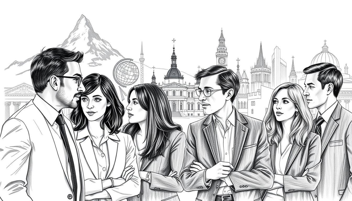 A sophisticated montage illustrating "International Politics and Swiss Perspectives" on March 4th. In the foreground, a diverse group of business professionals in smart attire, engaged in deep discussion; their expressions reflect curiosity and contemplation. The middle ground features iconic Swiss landmarks like the Matterhorn and the Federal Palace, subtly integrated with symbols of global diplomacy such as a globe or flags. The background showcases a stylized skyline representing major cities around the world, hinting at international unity and collaboration. The entire scene is rendered in pencil black and white with selective color accents—perhaps the Swiss flag's red or blue hues in the details. Soft, diffused lighting casts a contemplative mood over the image, creating a sense of reflection and engagement in the global landscape.