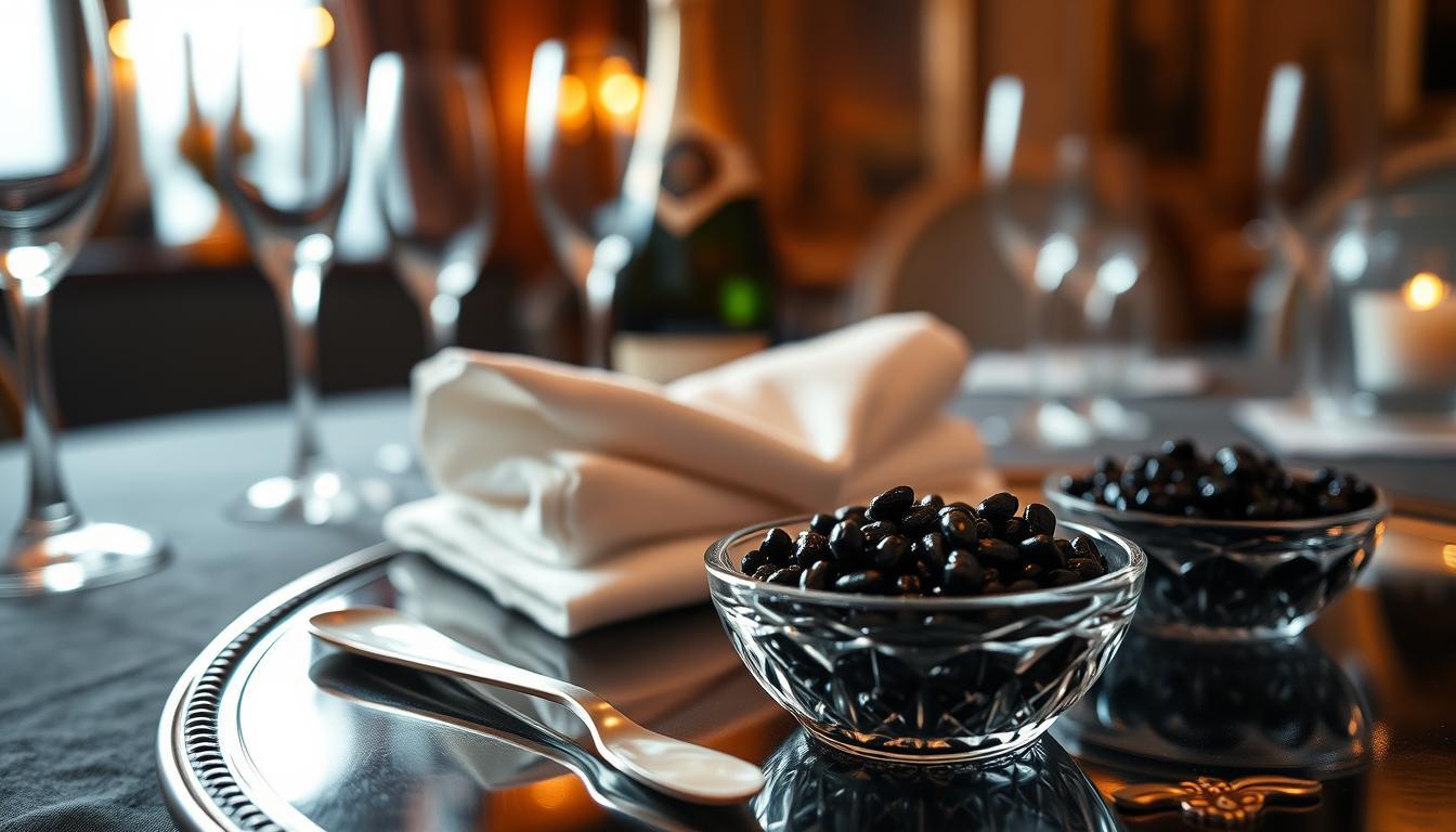 A sophisticated presentation of caviar, showcasing a luxurious serving set on an elegant silver platter. The foreground features glistening black Beluga caviar in a small crystal bowl, with a mother-of-pearl spoon resting beside it, symbolizing its delicate nature. In the middle, a neatly folded white linen napkin and a chilled bottle of champagne are elegantly arranged, reflecting the high-end experience of caviar tasting. The background features a dimly lit, opulent dining setting with soft, warm lighting illuminating the scene, casting gentle shadows. The atmosphere is refined and intimate, evoking a sense of indulgence and celebration. The lens should focus on the caviar, blurring the background slightly to enhance the sense of luxury and attention to detail.