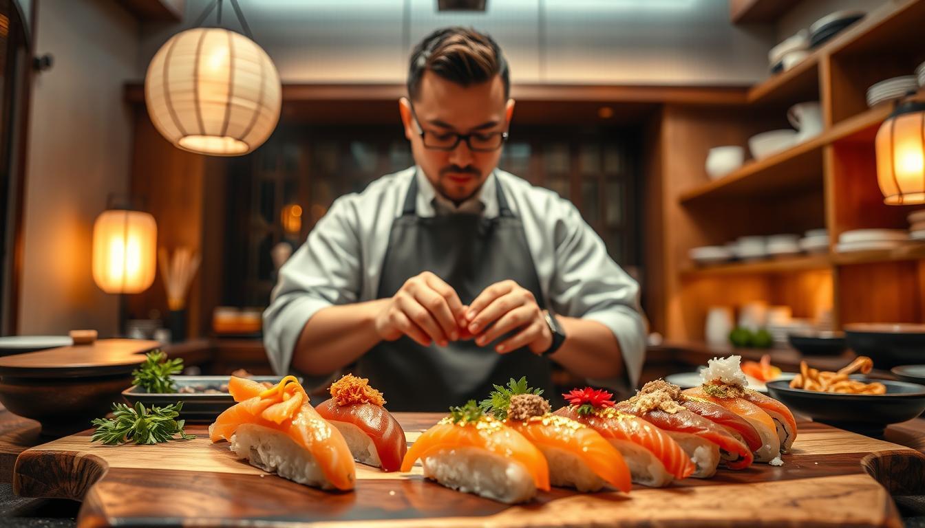 A sophisticated sushi chef in a professional apron, skillfully preparing exquisite sushi in a traditional Japanese kitchen. The foreground features a polished wooden sushi board, displaying vibrant, artistically arranged pieces of sushi adorned with gold leaf, catering to the theme of luxury. The middle ground shows the chef with focused determination, his hands skillfully crafting sushi rolls, surrounded by fresh ingredients like sashimi-grade fish, colorful vegetables, and delicate garnishes. In the background, softly glowing paper lanterns create a serene ambiance, while wooden shelves house traditional Japanese utensils and ceramic dishes. The atmosphere is warm and inviting, enhanced by soft, diffused lighting that emphasizes the elegance of the culinary art. The image captures the essence of sushi mastery and luxury dining.