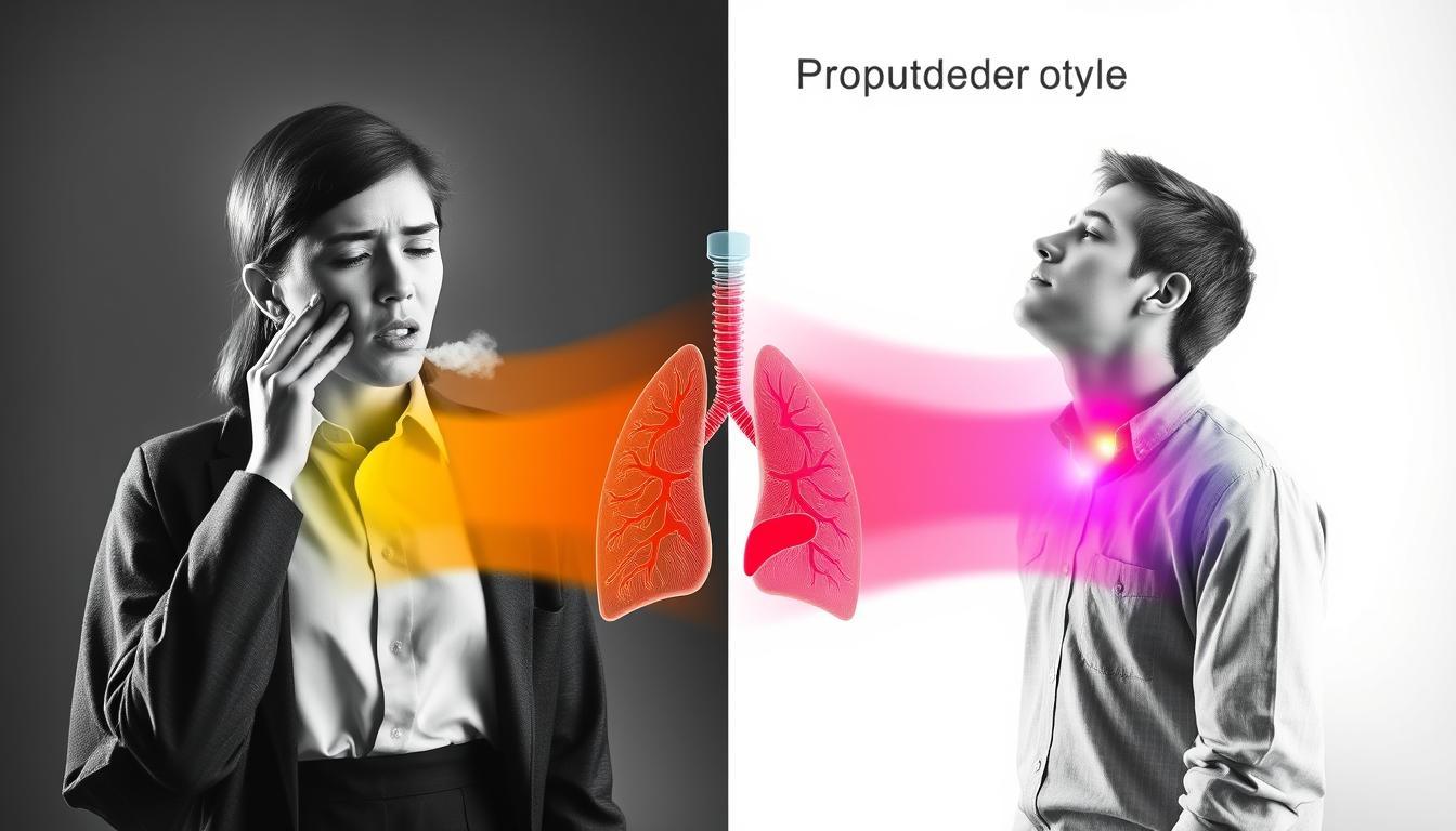 A split image illustrating the concepts of "Dry Cough" and "Productive Cough." In the foreground, depict two distinct figures: on the left, a person in professional attire showing discomfort, with a dry cough represented by a subtle cloud or mist around their mouth. On the right, another individual in modest casual clothing, visibly relieved, with a productive cough illustrated by a gentle flow of color emanating from their throat, suggesting relief and health. In the middle, stylized anatomical representations of the throat and lungs, blending into detailed textures to emphasize the difference in cough types. The background features a soft gradient of black and white with selective color accents highlighting the health remedies associated with each cough style. Soft, diffused lighting is used to create an informative yet calming atmosphere, focusing on clarity and visual impact.