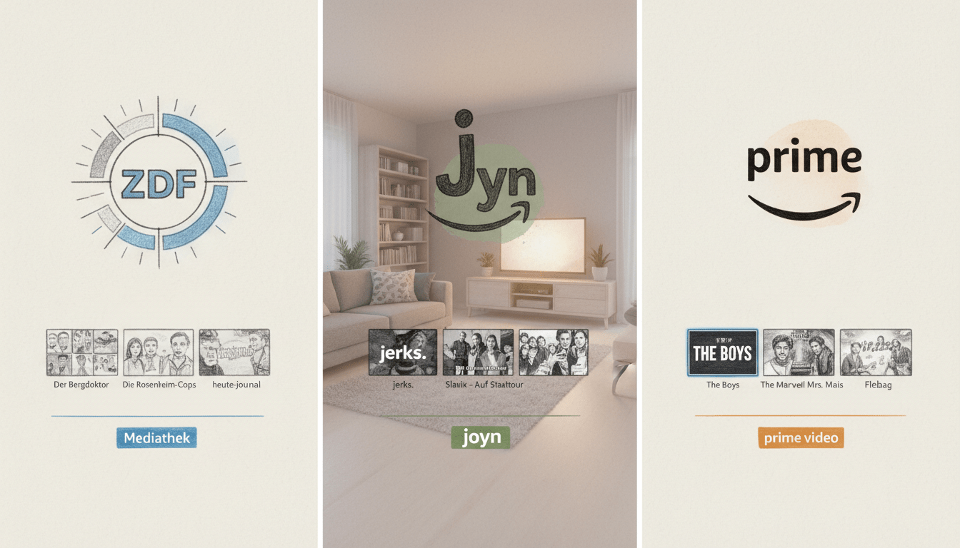 A split image showcasing a visual comparison of three streaming platforms: ZDF Mediathek, Joyn, and Amazon Prime. In the foreground, include distinct symbols or logos representing each platform, designed in a sleek, modern style with black and white pencil sketches and selective color accents highlighting each logo. In the middle, display a view of a streaming interface with thumbnails of popular shows available on each platform, blending seamlessly. In the background, create an abstract representation of a living room setting with a television screen, emphasizing a cozy and inviting atmosphere. Use soft, diffused lighting to enhance the mood, creating a warm and engaging environment for viewers. The overall composition should feel balanced and informative, focusing on the comparison aspect without distractions. A split image showcasing a visual comparison of three streaming platforms: ZDF Mediathek, Joyn, and Amazon Prime. In the foreground, include distinct symbols or logos representing each platform, designed in a sleek, modern style with black and white pencil sketches and selective color accents highlighting each logo. In the middle, display a view of a streaming interface with thumbnails of popular shows available on each platform, blending seamlessly. In the background, create an abstract representation of a living room setting with a television screen, emphasizing a cozy and inviting atmosphere. Use soft, diffused lighting to enhance the mood, creating a warm and engaging environment for viewers. The overall composition should feel balanced and informative, focusing on the comparison aspect without distractions.