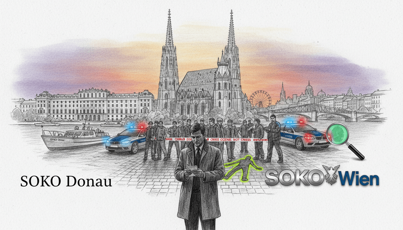 A striking black-and-white illustration depicting the evolution of the "SOKO Donau" series into "SOKO Wien." In the foreground, a silhouette of a police detective in professional attire stands thoughtfully, holding a notepad, surrounded by iconic Vienna landmarks like the Schönbrunn Palace and the iconic St. Stephen's Cathedral. The middle layer features dynamic scenes of police investigations, complete with colorful accents highlighting key elements like a police car and a crime scene outline. The background showcases a skyline of Vienna at dusk, with soft lighting creating a moody atmosphere. Use a pencil sketch style with selective vibrant colors that draw attention to pivotal details, conveying the transformation of a beloved series.