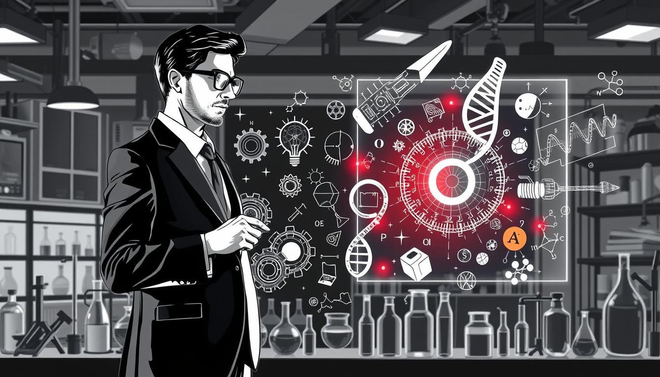 A striking black and white illustration showcasing breakthroughs in technology and science. In the foreground, an engineer in professional business attire examines a futuristic holographic display, filled with intricate designs of machinery and scientific formulas—highlighted with vivid colored accents to draw attention. The middle ground features iconic inventions like a vintage lightbulb, gears, and a DNA helix, seamlessly merging into a representation of modern technology such as a sleek satellite or a computer chip. In the background, a laboratory filled with beakers and scientific equipment under soft, dramatic lighting emphasizes a sense of innovation. The atmosphere is dynamic and inspirational, reflecting a timeline of human achievement.