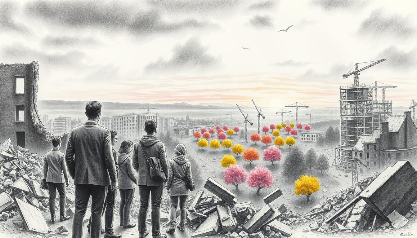 A striking black and white pencil drawing depicting the theme of "War and Reconstruction" on February 13. In the foreground, a group of resilient people in modest, professional clothing stands amidst rubble, gazing towards a distant horizon filled with hopeful new structures symbolizing rebirth. In the middle ground, a cityscape of partially destroyed buildings shows scars of conflict juxtaposed with vibrant colors in blooming trees and construction cranes, signifying renewal. In the background, a cloudy sky tinged with soft colors of dawn breaks, casting a warm light over the scene, evoking a mood of hope and resilience. The composition captures both destruction and the spirit of rebuilding with detailed shading and selective color accents highlighting elements of life and growth. A striking black and white pencil drawing depicting the theme of "War and Reconstruction" on February 13. In the foreground, a group of resilient people in modest, professional clothing stands amidst rubble, gazing towards a distant horizon filled with hopeful new structures symbolizing rebirth. In the middle ground, a cityscape of partially destroyed buildings shows scars of conflict juxtaposed with vibrant colors in blooming trees and construction cranes, signifying renewal. In the background, a cloudy sky tinged with soft colors of dawn breaks, casting a warm light over the scene, evoking a mood of hope and resilience. The composition captures both destruction and the spirit of rebuilding with detailed shading and selective color accents highlighting elements of life and growth.