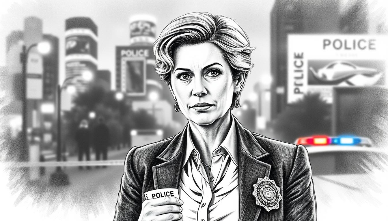 A striking black-and-white pencil sketch of Rosalie Thomass portrayed as a police commissioner, exuding authority and competence. In the foreground, she stands confidently, dressed in a professional business attire, with a focused expression that conveys determination. Her hair is styled neatly, and she holds a badge in one hand. In the middle ground, a blurred urban setting of a bustling city represents the backdrop of her investigations, with silhouettes of buildings and streetlights softly illuminated. In the background, faint outlines of crime scene tape and a police car enhance the theme. The overall atmosphere is tense yet hopeful, with selective colorful accents highlighting important details like her badge and the police car's lights, evoking a sense of drama and intrigue in her new role.