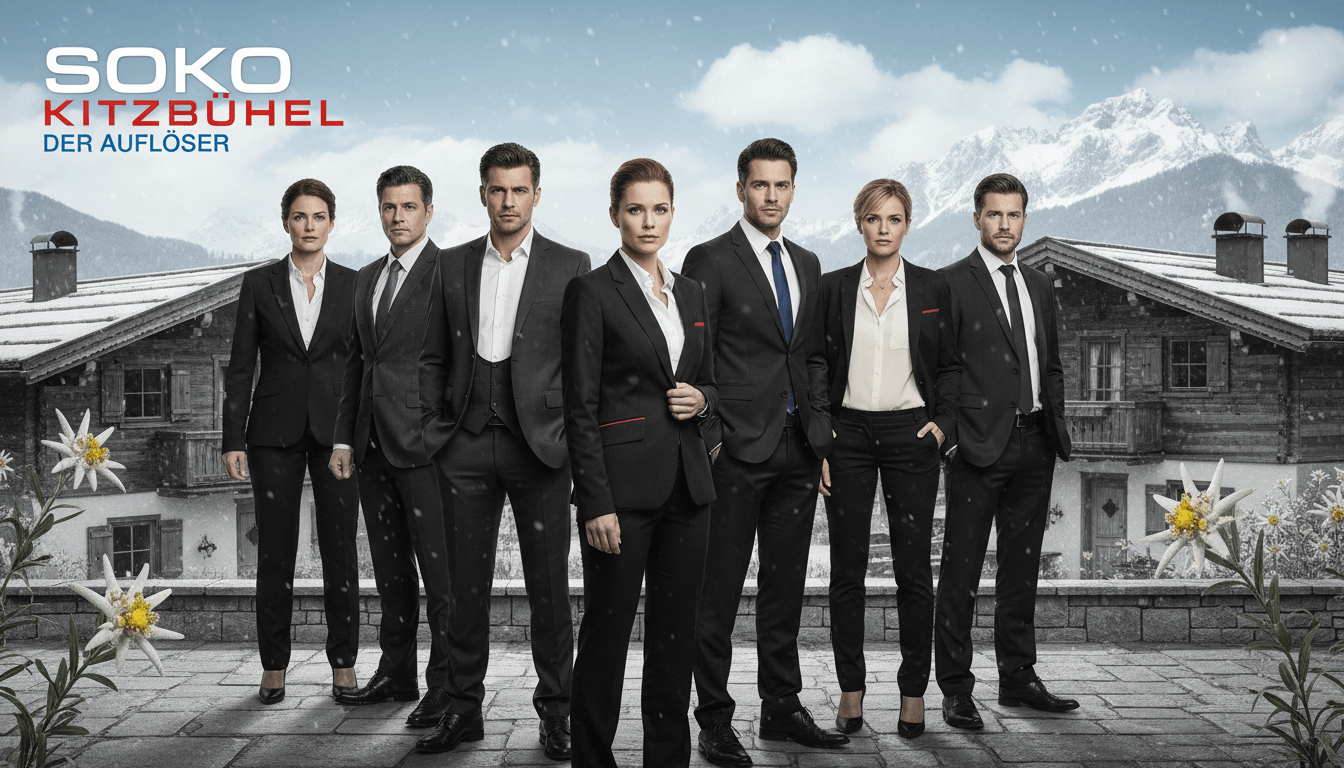 A striking black and white team portrait of the SOKO Kitzbühel cast in a stylish alpine setting. In the foreground, a diverse group of investigators, dressed in professional business attire, display a confident demeanor. Their expressions should convey determination and camaraderie, embodying the essence of teamwork. The middle ground features iconic alpine elements, like majestic snow-capped mountains and rustic chalets, subtly blended into the scene. In the background, a serene blue sky with fluffy white clouds enhances the atmosphere. Use soft, diffused lighting to create a warm, inviting feel, and add selective color accents, perhaps on elements such as clothing or alpine flowers, to draw the viewer’s eye. This composition should evoke a sense of mystery, success, and the unique charm of the Kitzbühel setting.