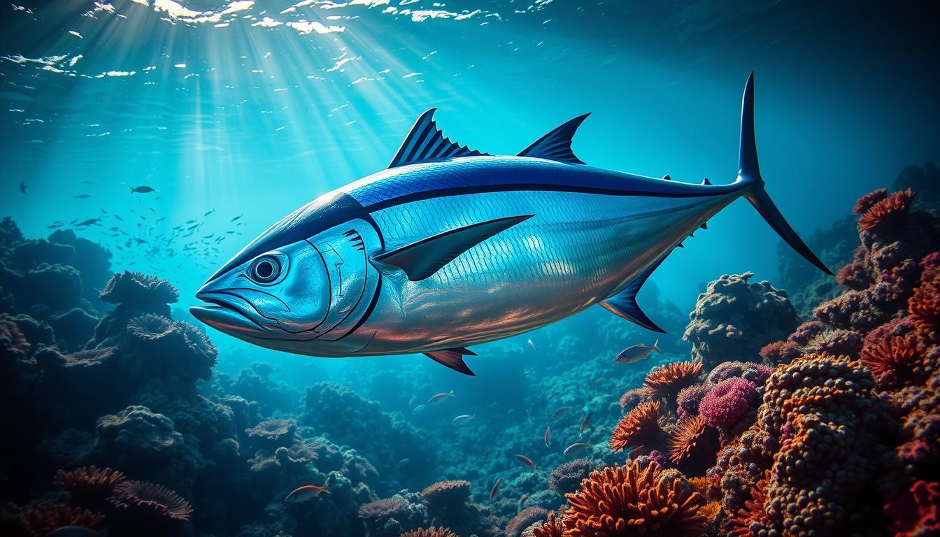 A stunning underwater scene showcasing the bluefin tuna, the world’s most expensive fish, swimming gracefully among vibrant coral reefs. In the foreground, highlight the iridescent scales of the bluefin tuna, capturing its majestic size and vivid colors, with detailed textures that reflect the surrounding light. In the middle ground, depict schools of smaller fish darting around the coral formations, adding a sense of liveliness to the scene. In the background, soft beams of sunlight filter down through the waves, creating a serene and tranquil atmosphere. Use a wide-angle lens angle to encapsulate the beauty of the underwater environment, emphasizing depth and perspective. The mood should be peaceful yet awe-inspiring, inviting viewers to appreciate the rarity and value of this magnificent species in its natural habitat.