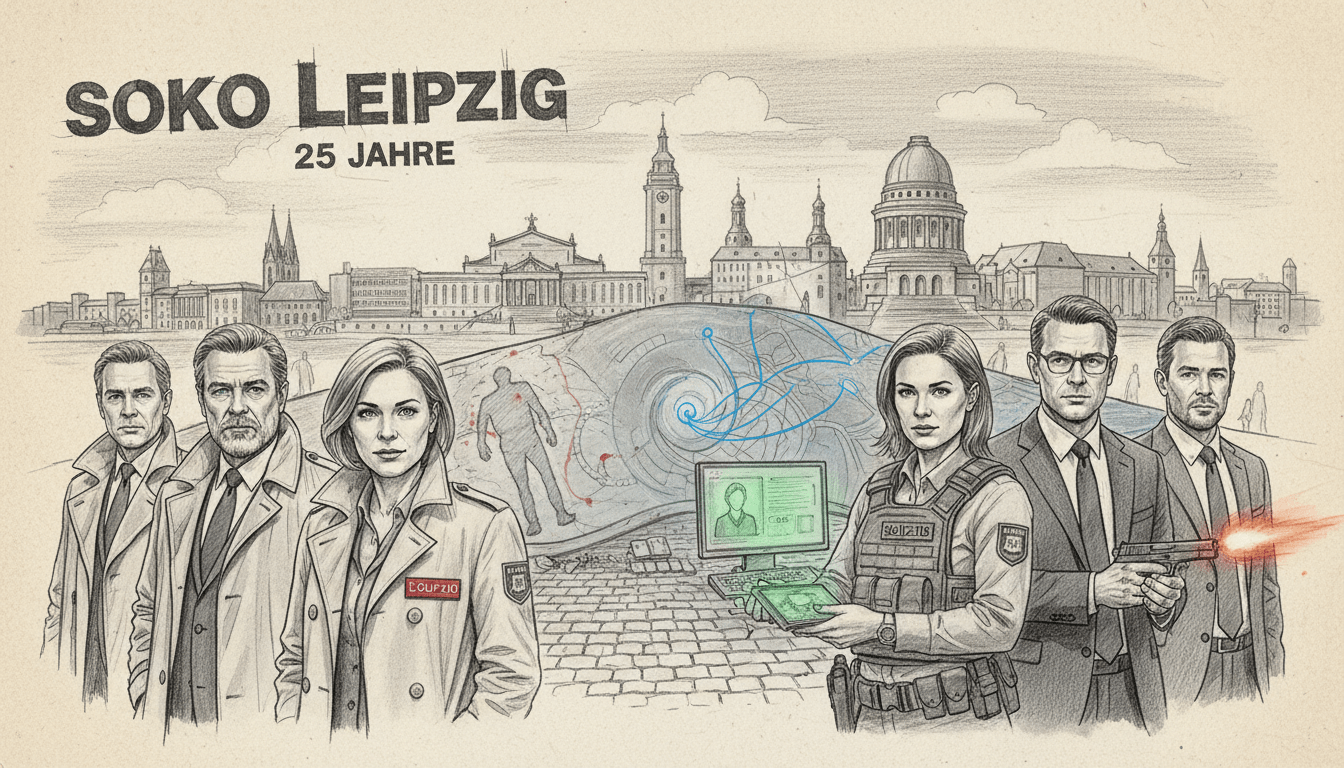 A stylized black-and-white pencil sketch depicting the evolution of the "SOKO Leipzig" series over 25 years. In the foreground, illustrate iconic characters from various seasons in professional attire, etched gracefully with occasional colorful accents to highlight key elements and emotions. In the middle ground, represent pivotal moments from the series, like crime scenes and investigation strategies, subtly integrated to show the progression of the storyline. The background should feature the cityscape of Leipzig, capturing the historical essence of the setting. Use soft lighting to create a nostalgic atmosphere, while maintaining a focused angle that draws attention to the characters and their interactions, embodying the enduring legacy of the series. A stylized black-and-white pencil sketch depicting the evolution of the "SOKO Leipzig" series over 25 years. In the foreground, illustrate iconic characters from various seasons in professional attire, etched gracefully with occasional colorful accents to highlight key elements and emotions. In the middle ground, represent pivotal moments from the series, like crime scenes and investigation strategies, subtly integrated to show the progression of the storyline. The background should feature the cityscape of Leipzig, capturing the historical essence of the setting. Use soft lighting to create a nostalgic atmosphere, while maintaining a focused angle that draws attention to the characters and their interactions, embodying the enduring legacy of the series.