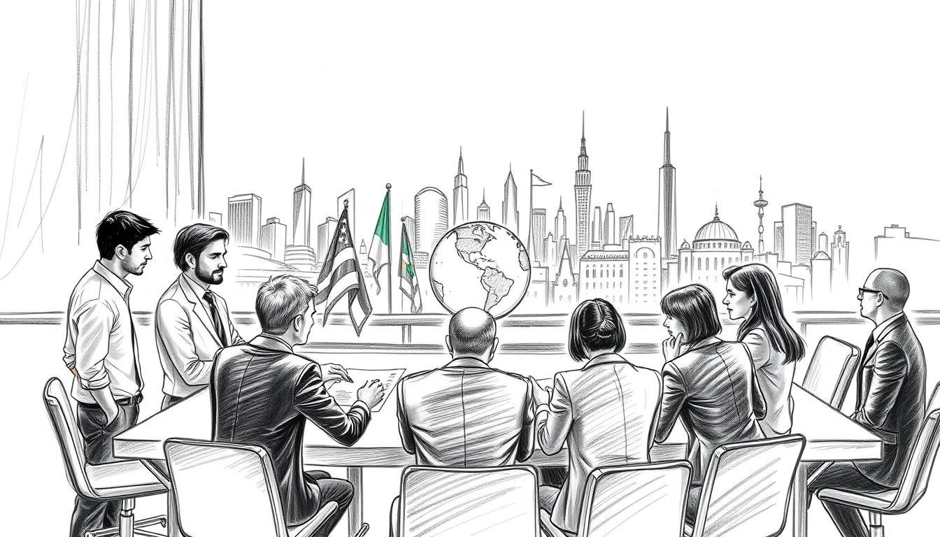 A thoughtful and expressive scene illustrating the concept of "International Agreements and Global Responsibility." In the foreground, a diverse group of professionals in business attire, representing different cultures and backgrounds, engage in a spirited discussion around a large table with maps and documents. In the middle ground, symbolic elements like a globe, flags of various nations, and iconic landmarks representing diplomacy, such as the United Nations Building. The background features a skyline of a modern city, hinting at global connectivity. The entire composition is rendered in pencil sketch style with striking black and white contrast, accented by splashes of color on the globe and flags to emphasize the theme of unity in diversity. Soft, natural lighting creates an inviting atmosphere, evoking a sense of importance and optimism. A thoughtful and expressive scene illustrating the concept of "International Agreements and Global Responsibility." In the foreground, a diverse group of professionals in business attire, representing different cultures and backgrounds, engage in a spirited discussion around a large table with maps and documents. In the middle ground, symbolic elements like a globe, flags of various nations, and iconic landmarks representing diplomacy, such as the United Nations Building. The background features a skyline of a modern city, hinting at global connectivity. The entire composition is rendered in pencil sketch style with striking black and white contrast, accented by splashes of color on the globe and flags to emphasize the theme of unity in diversity. Soft, natural lighting creates an inviting atmosphere, evoking a sense of importance and optimism.